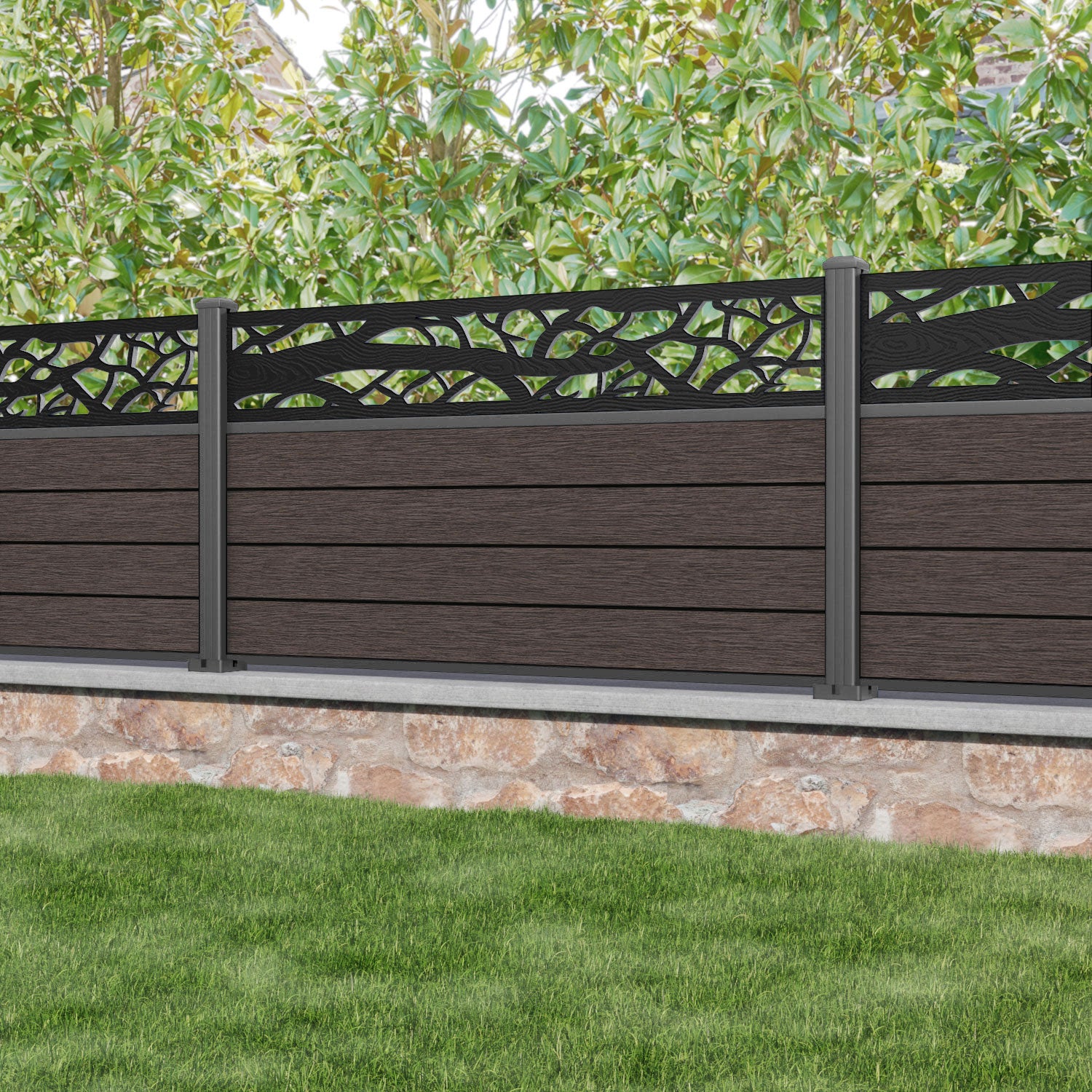 Fusion Twilight Fence Panel - Mid Brown - with our aluminium posts