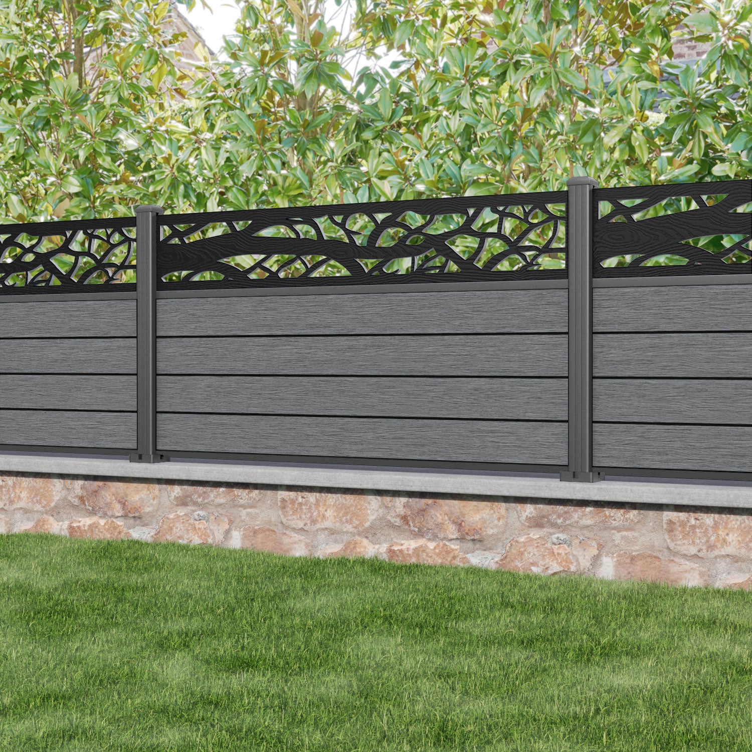 Fusion Twilight Fence Panel - Mid Grey - with our aluminium posts