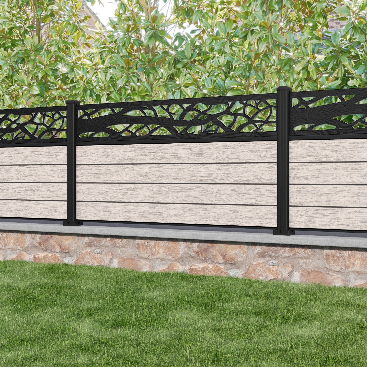 Fusion Twilight Fence Panel - Mid Stone - with our aluminium posts