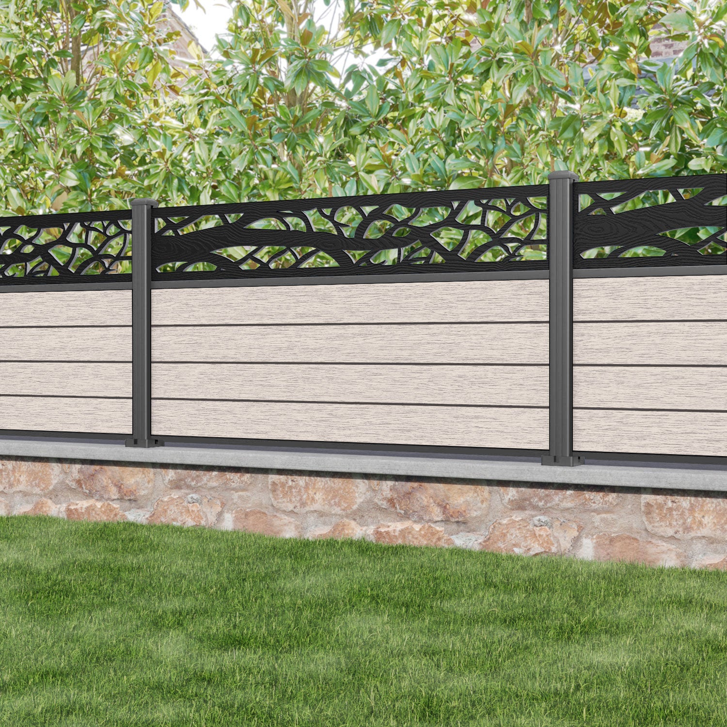 Fusion Twilight Fence Panel - Mid Stone - with our aluminium posts