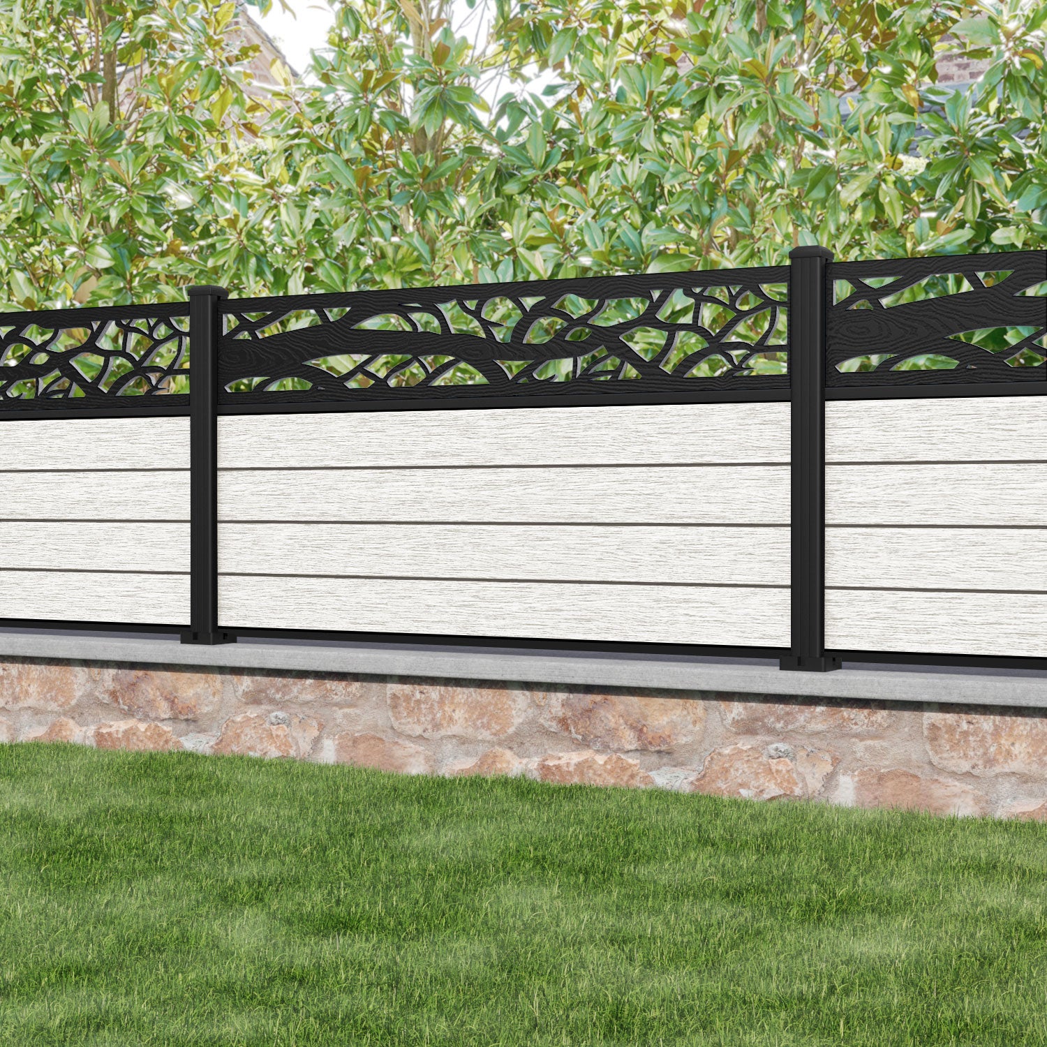 Fusion Twilight Fence Panel - Light Stone - with our aluminium posts