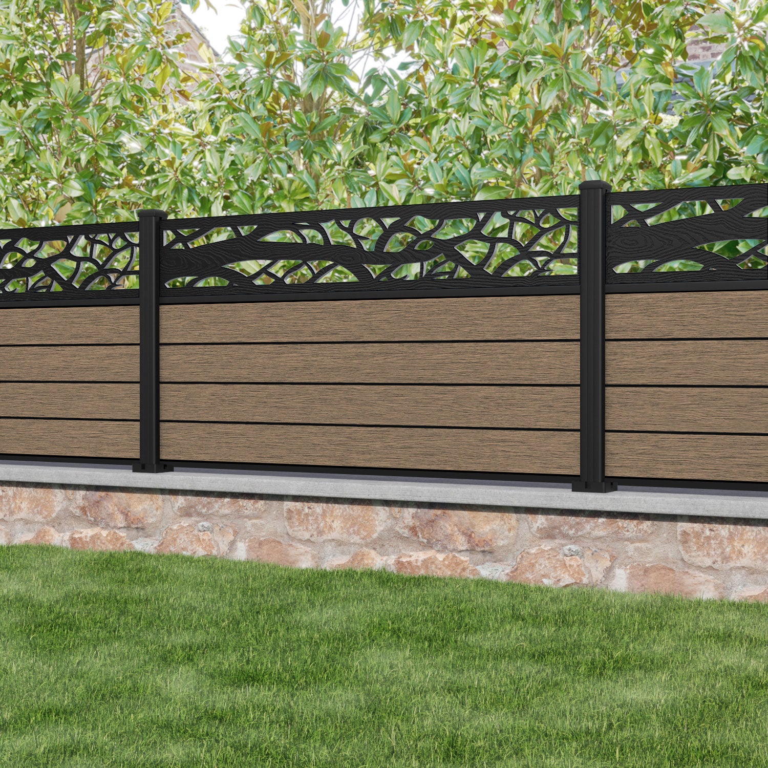 Fusion Twilight Fence Panel - Teak - with our aluminium posts