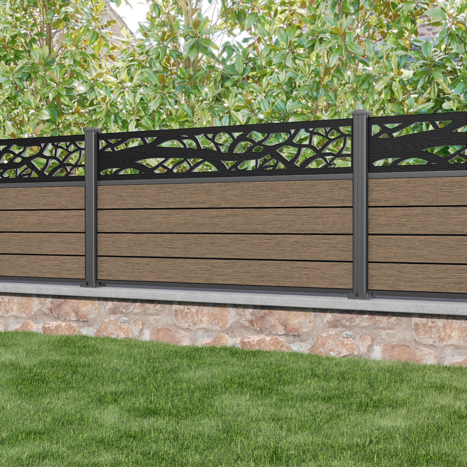 Fusion Twilight Fence Panel - Teak - with our aluminium posts