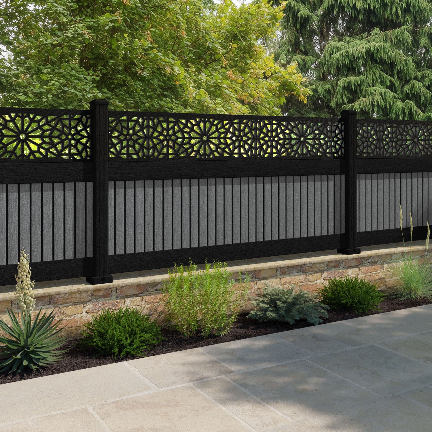 Virtis Alnara Fence Panel - Mid Grey - with our aluminium posts