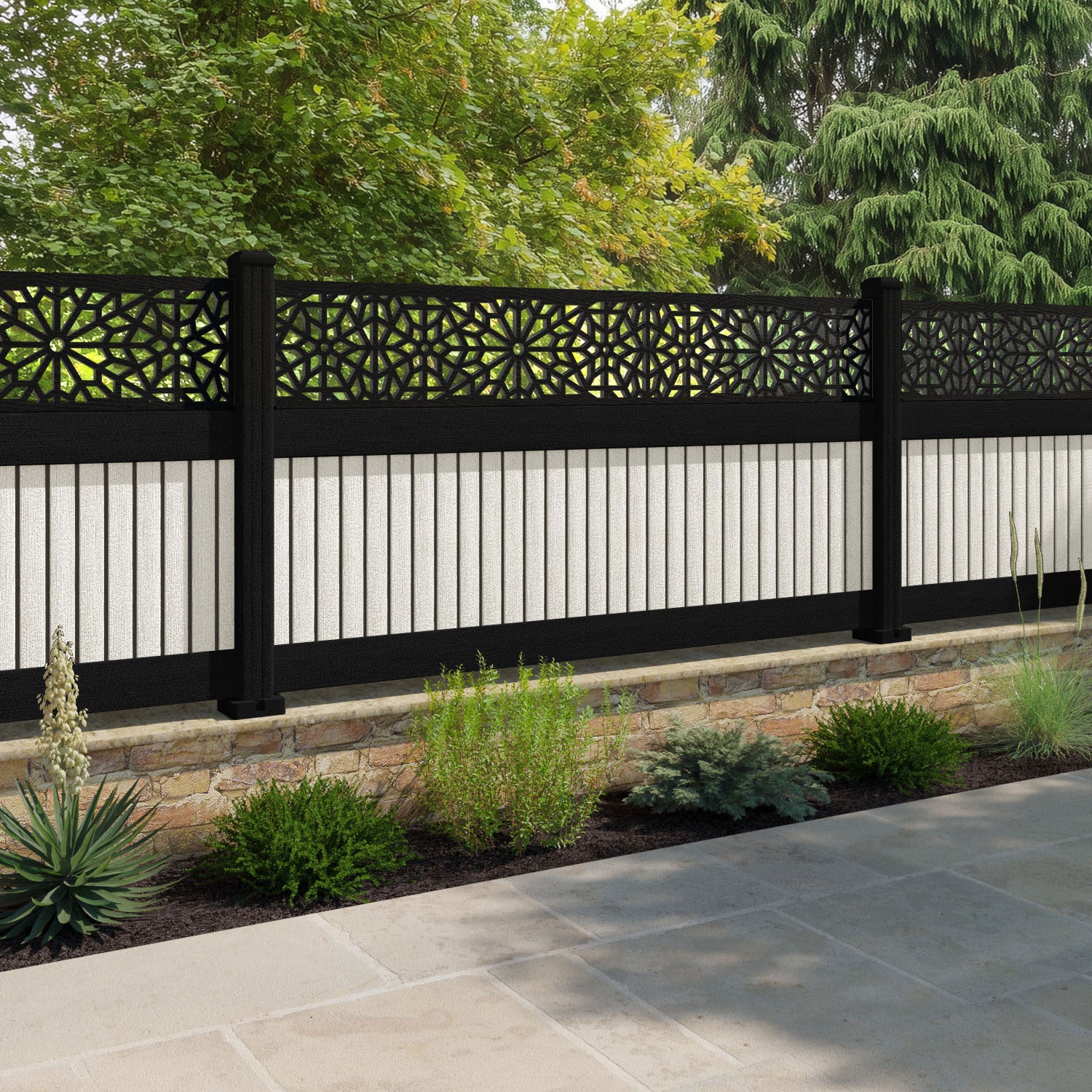 Virtis Alnara Fence Panel - Light Stone - with our aluminium posts