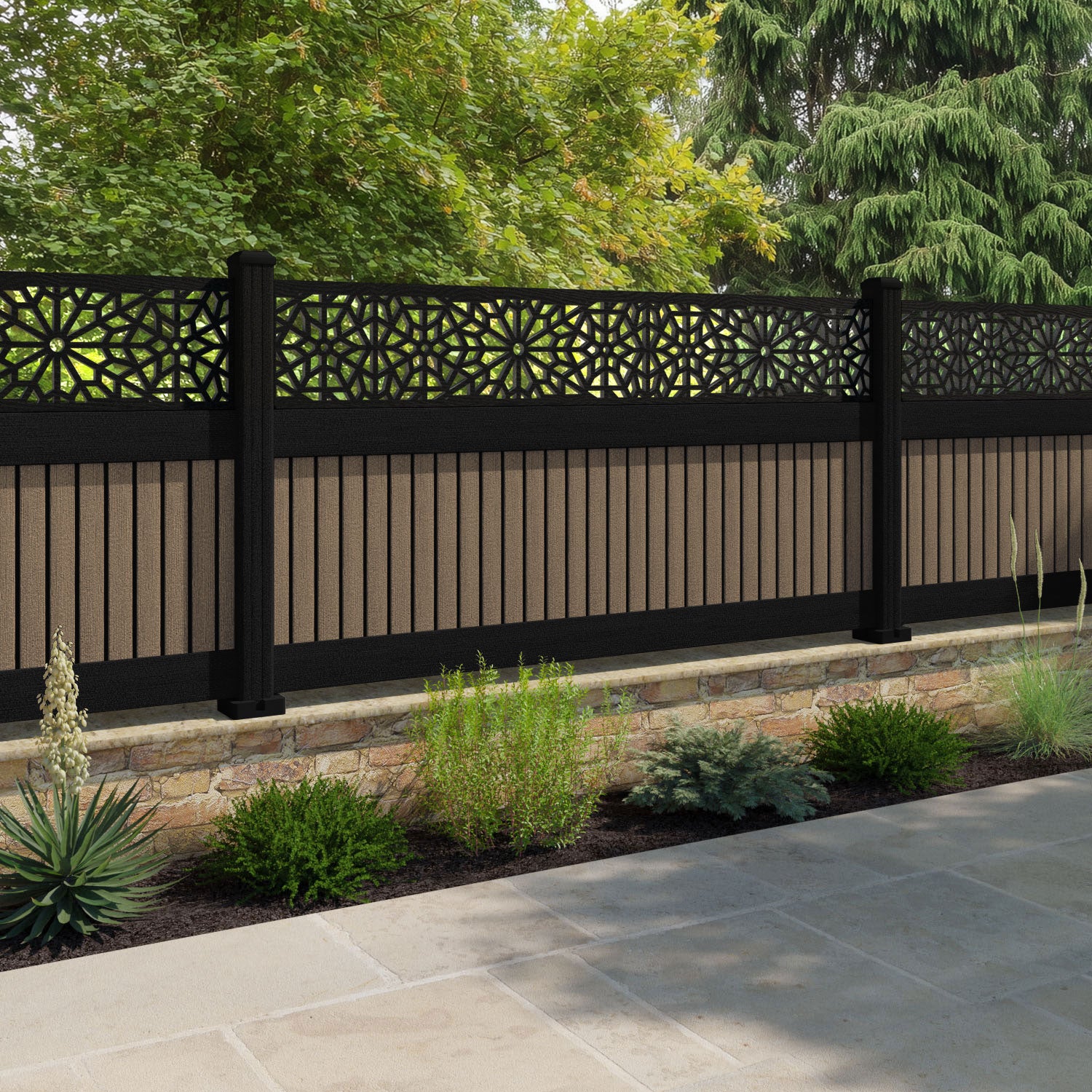 Virtis Alnara Fence Panel - Teak - with our aluminium posts