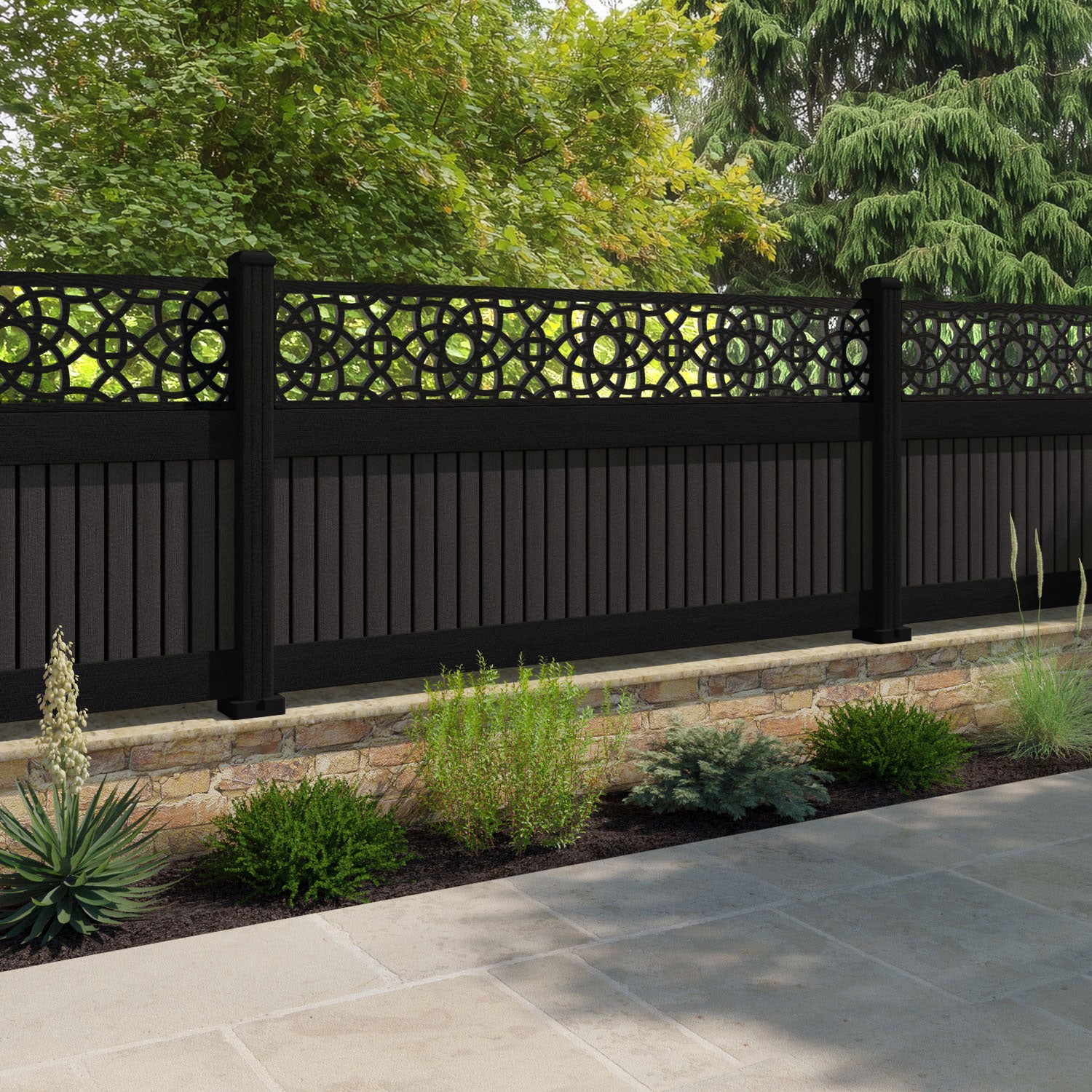 Virtis Ambar Fence Panel - Dark Oak - with our aluminium posts