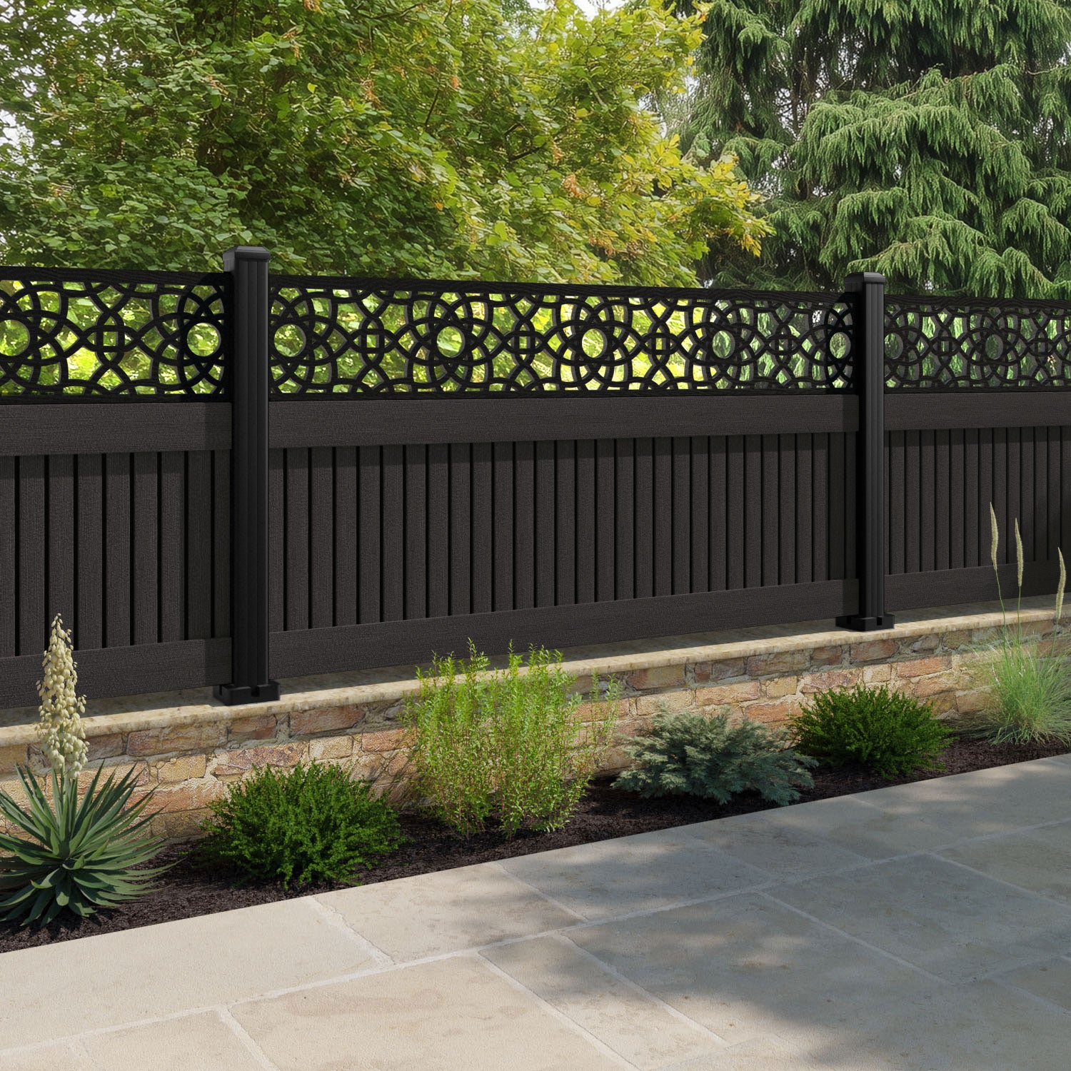 Virtis Ambar Fence Panel - Dark Oak - with our composite posts