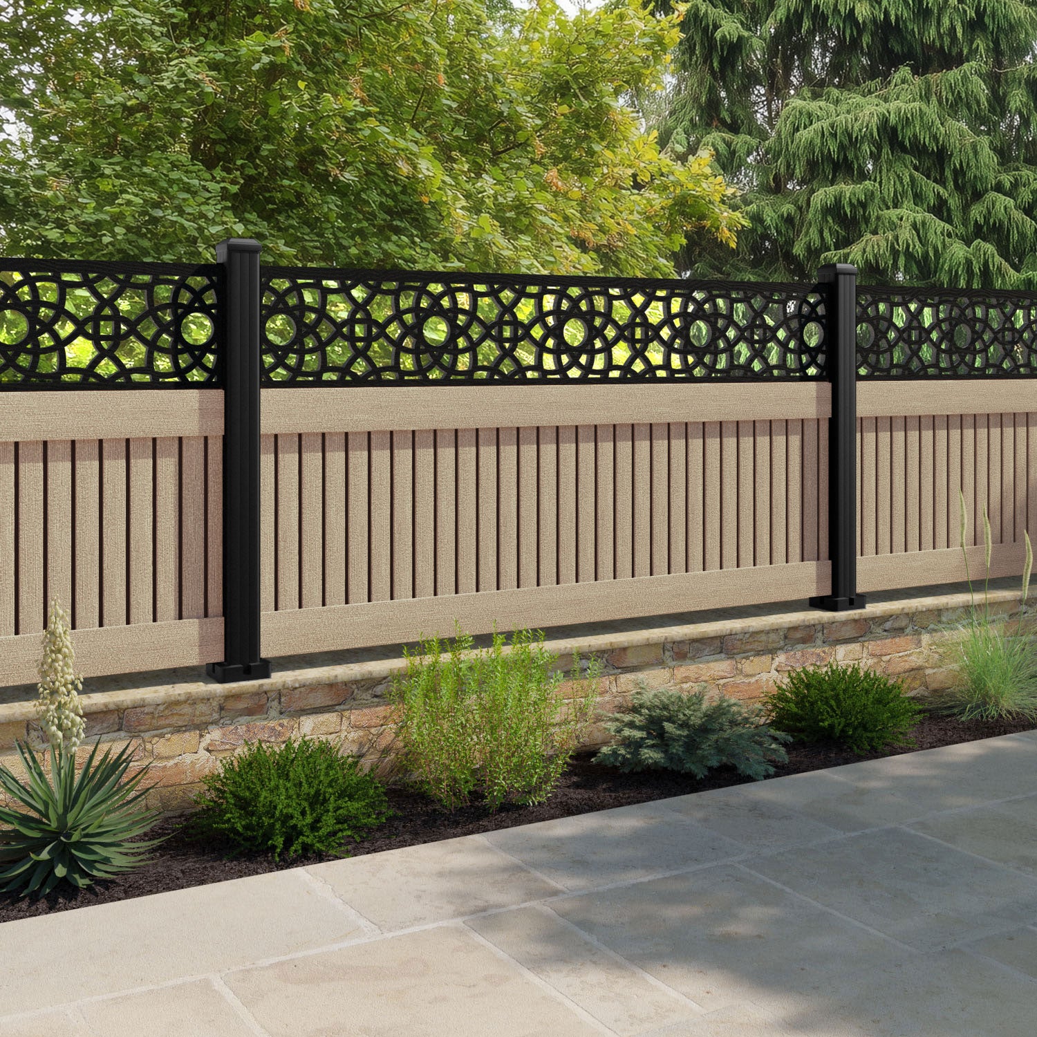 Virtis Ambar Fence Panel - Light Oak - with our aluminium posts