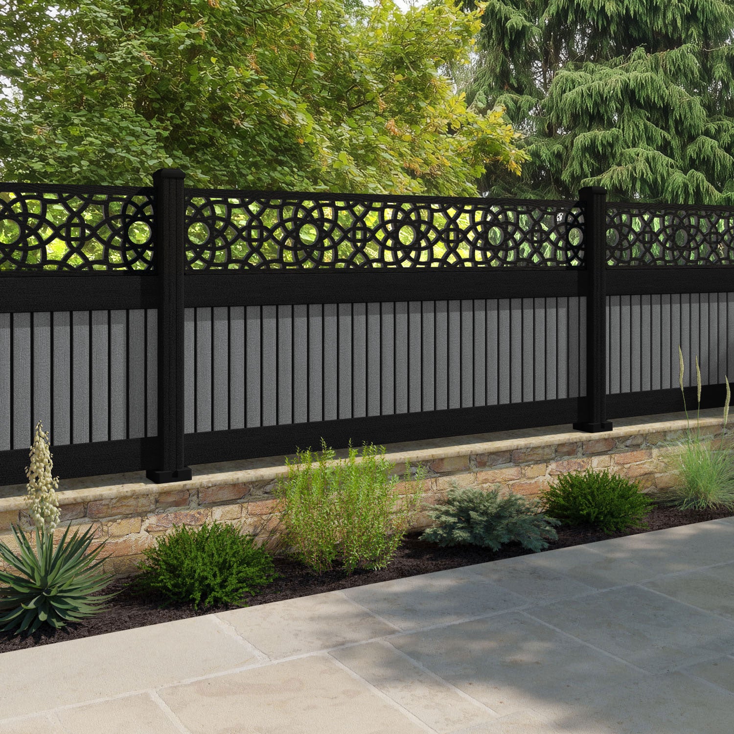 Virtis Ambar Fence Panel - Mid Grey - with our aluminium posts