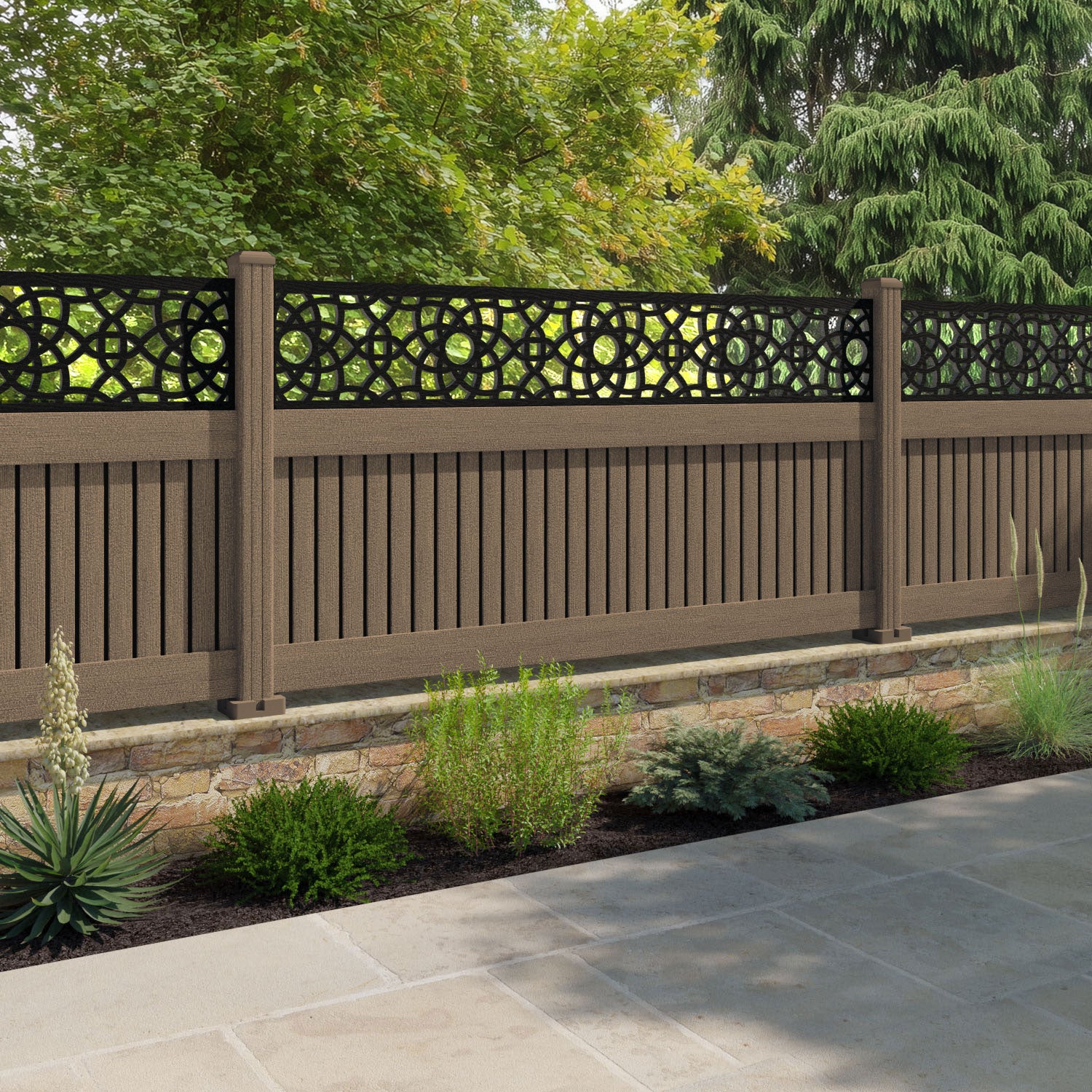 Virtis Ambar Fence Panel - Teak - with our composite posts