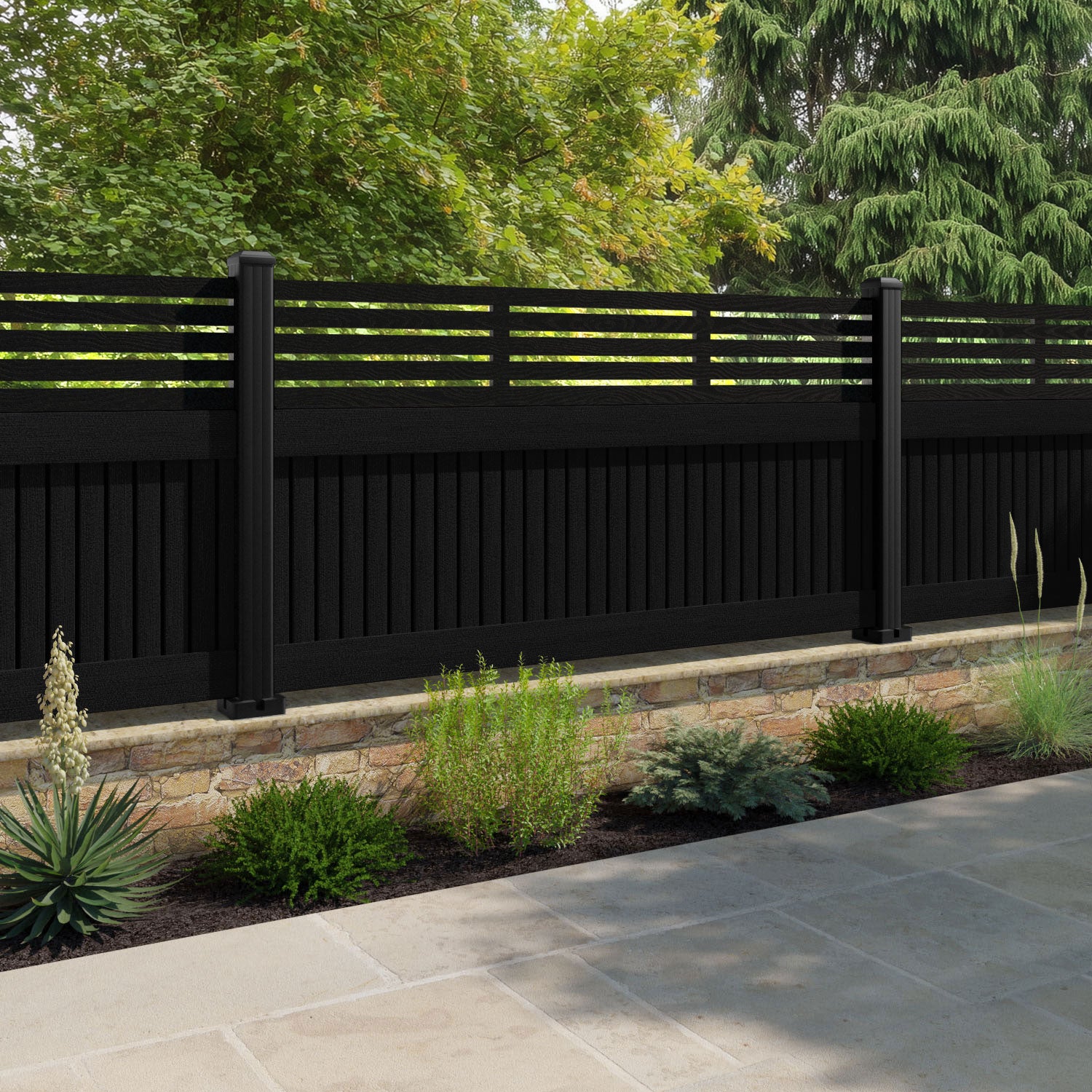 Virtis Aspen Fence Panel - Black - with our aluminium posts