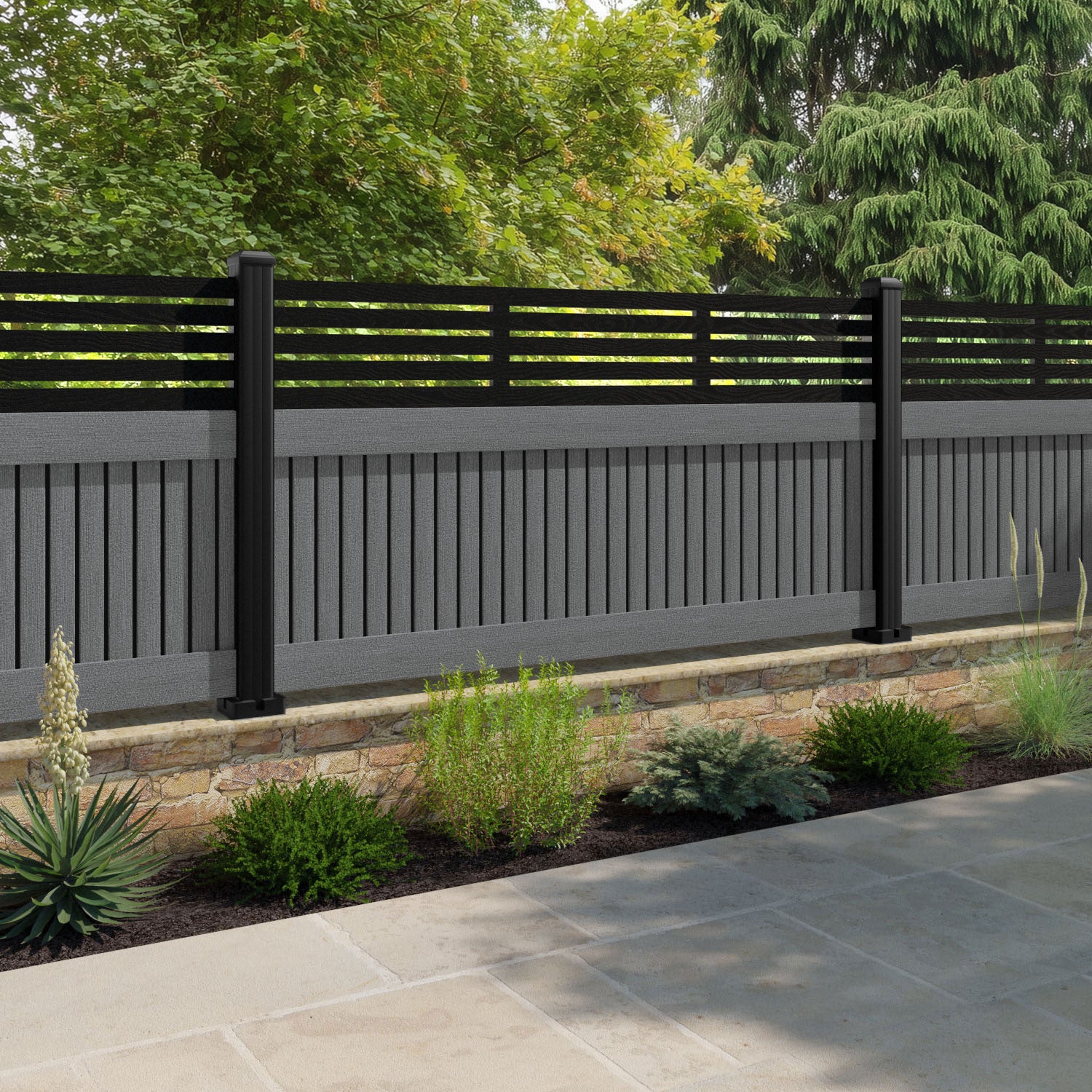 Virtis Aspen Fence Panel - Mid Grey - with our aluminium posts