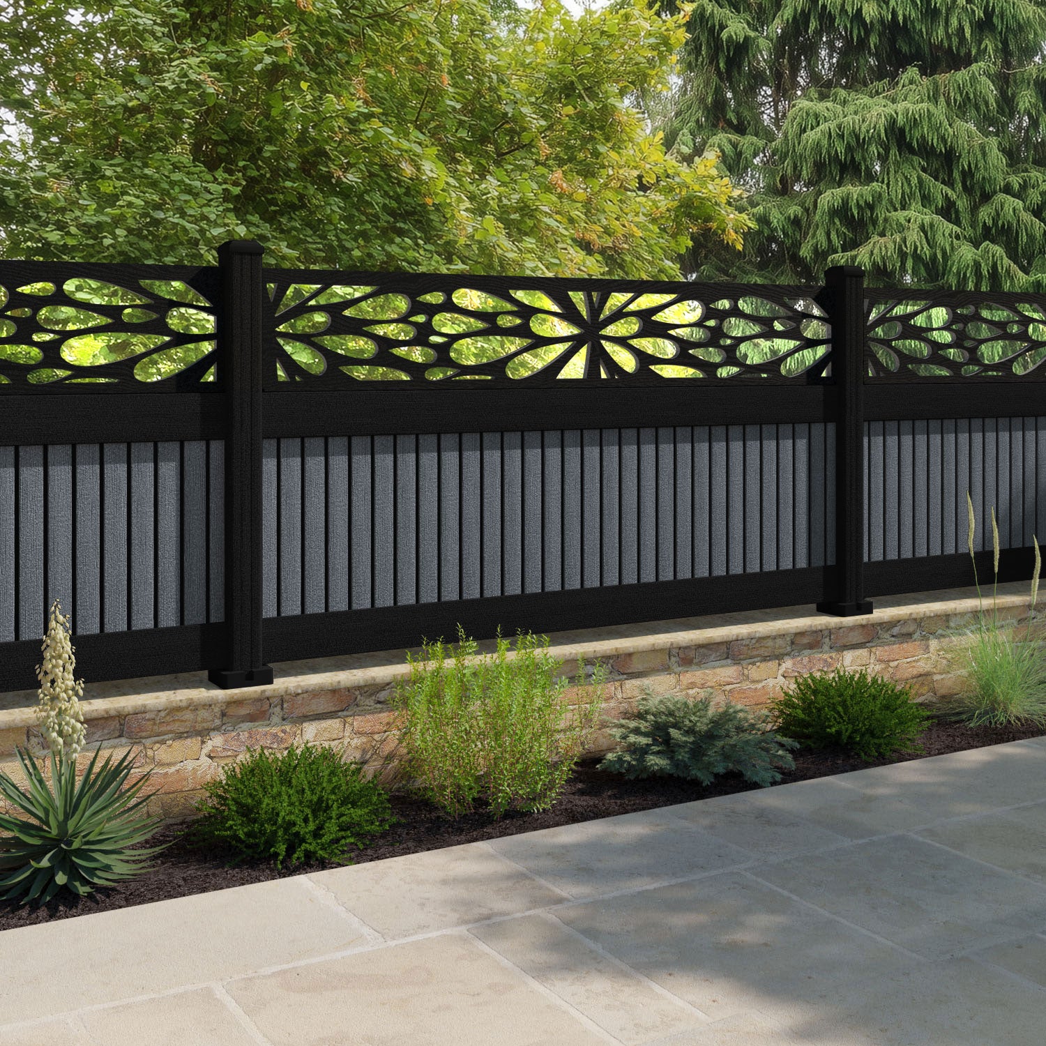 Virtis Blossom Fence Panel - Anthracite - with our aluminium posts