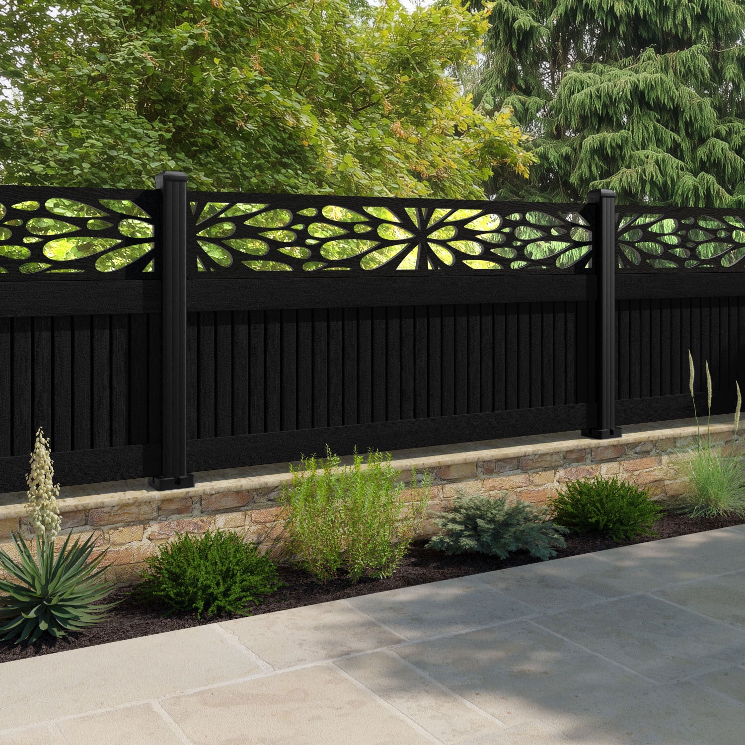 Virtis Blossom Fence Panel - Black - with our aluminium posts