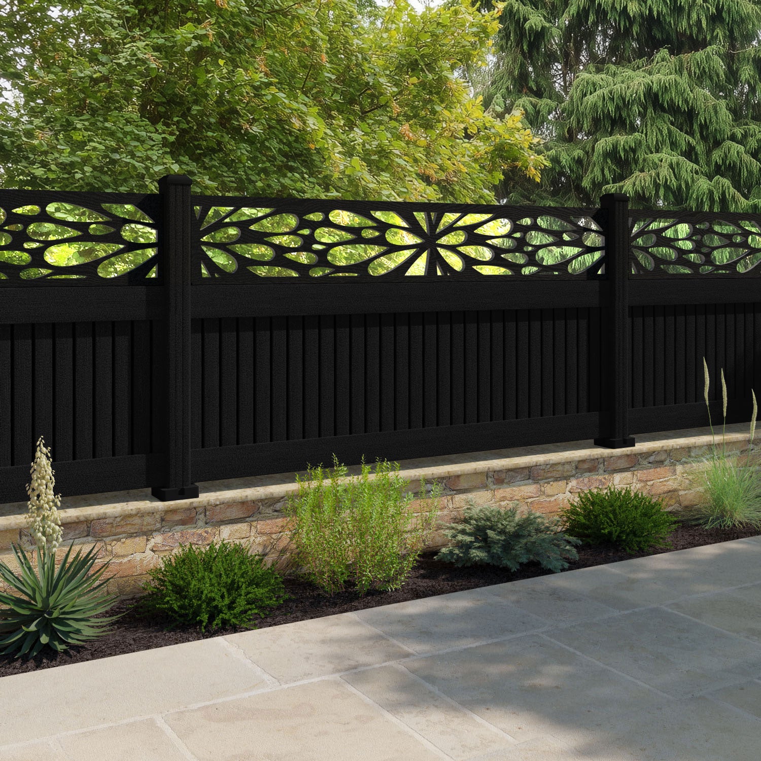 Virtis Blossom Fence Panel - Black - with our composite posts