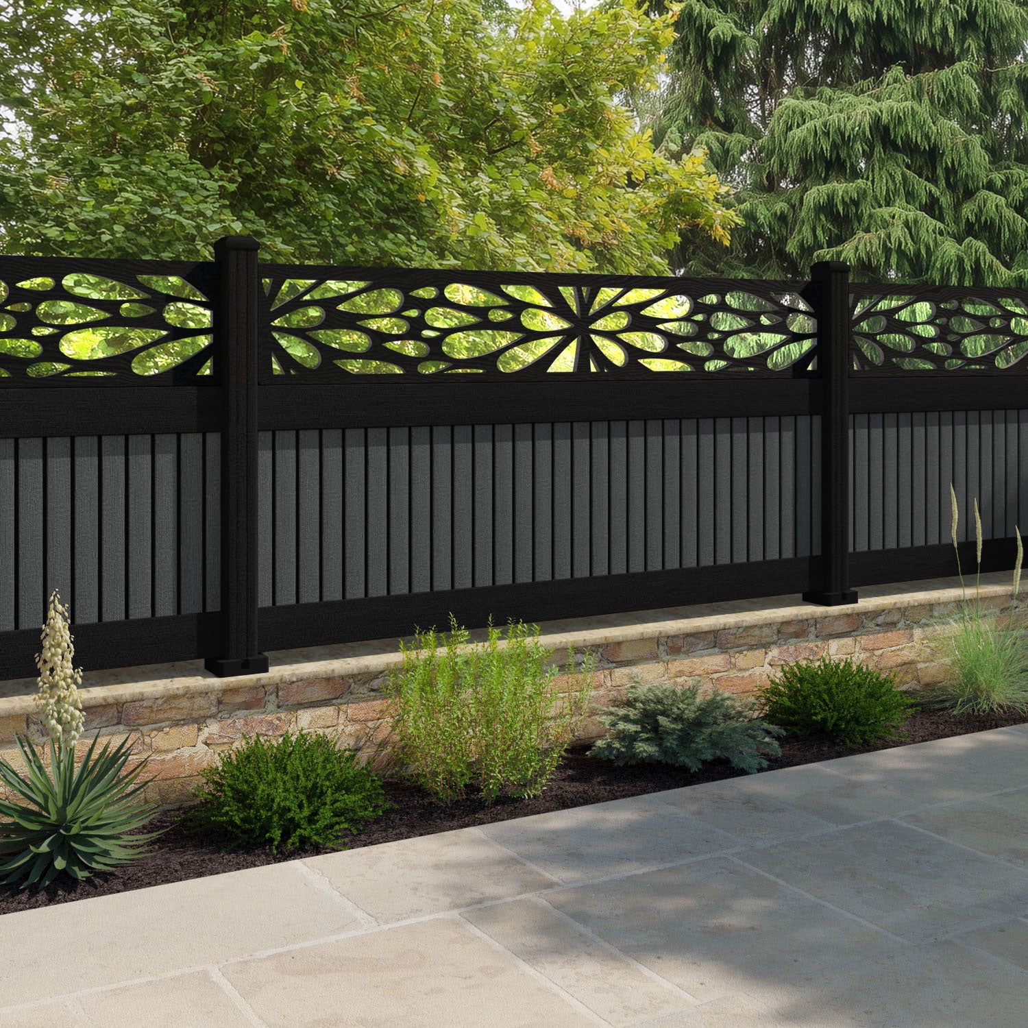 Virtis Blossom Fence Panel - Dark Grey - with our aluminium posts