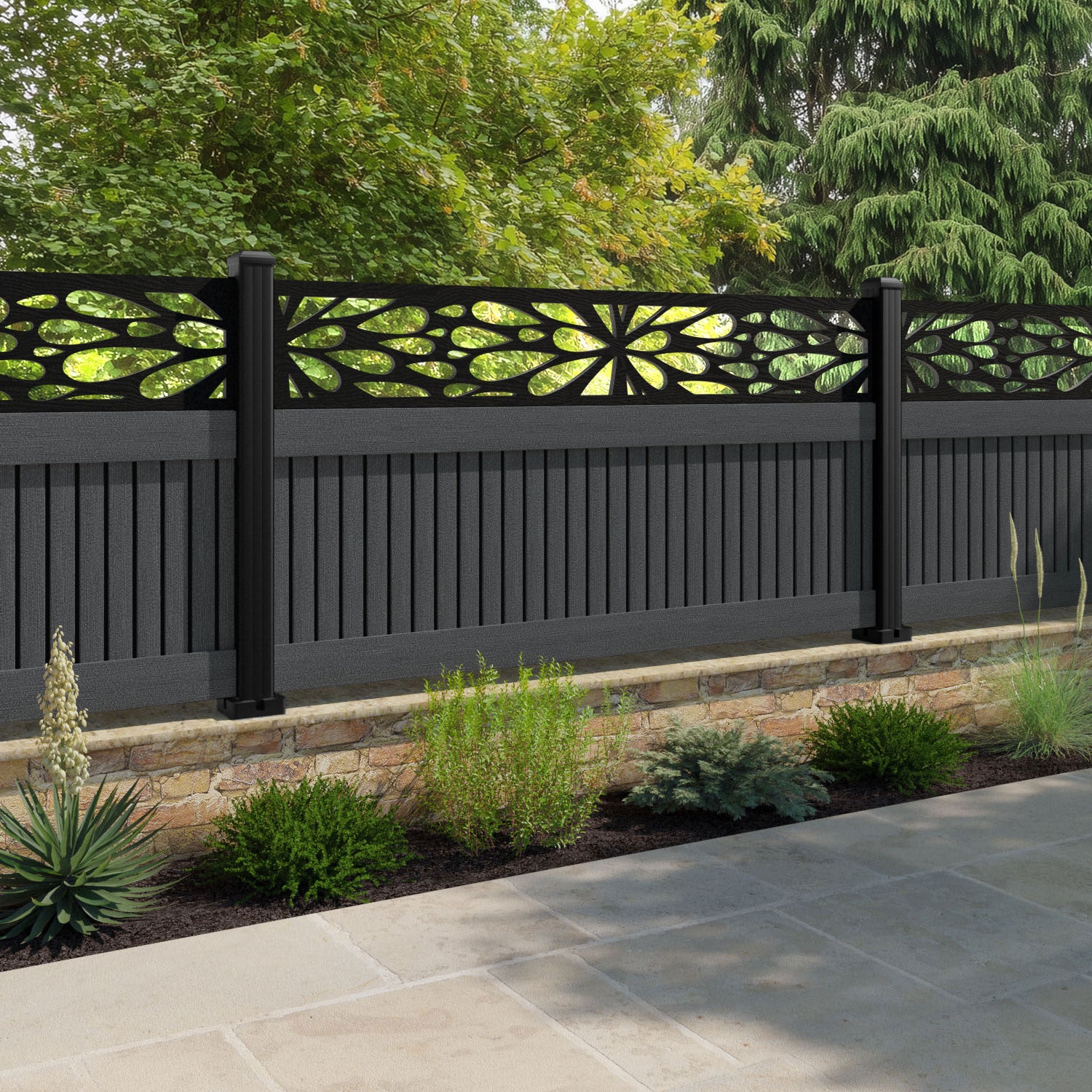 Virtis Blossom Fence Panel - Dark Grey - with our aluminium posts
