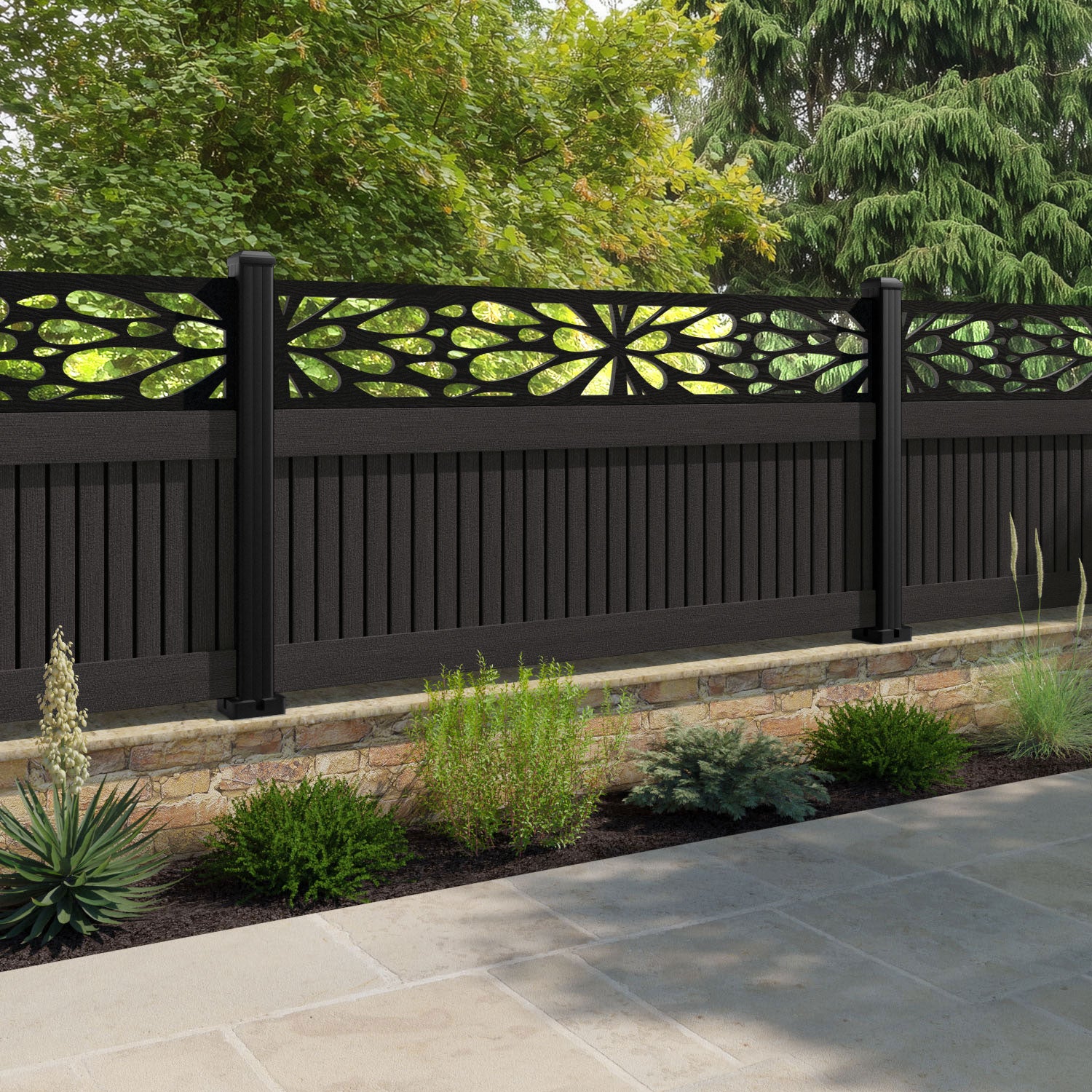 Virtis Blossom Fence Panel - Dark Oak - with our aluminium posts