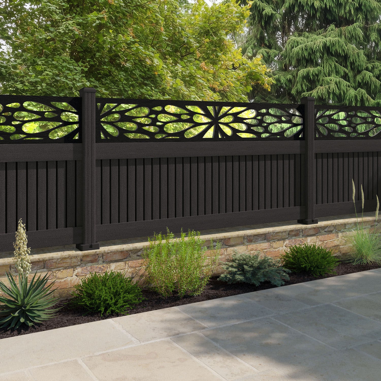 Virtis Blossom Fence Panel - Dark Oak - with our composite posts