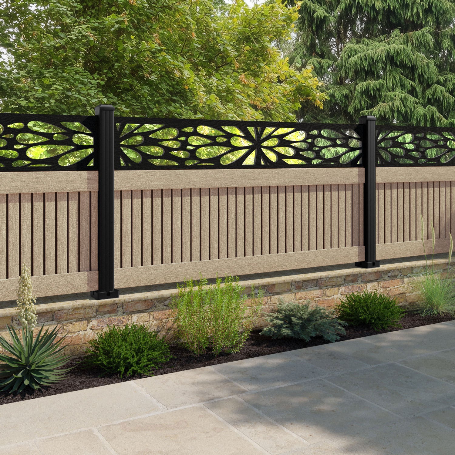 Virtis Blossom Fence Panel - Light Oak - with our aluminium posts