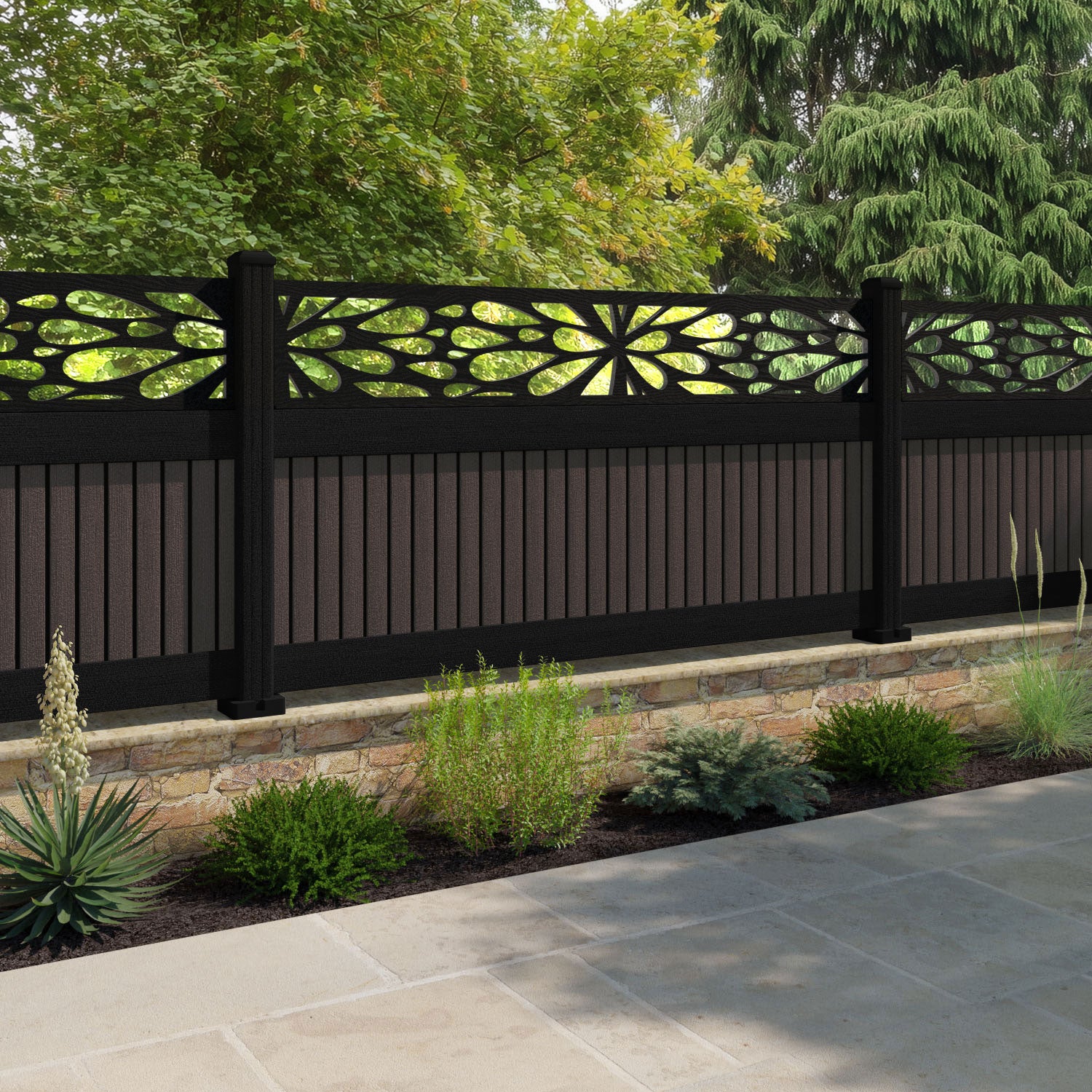 Virtis Blossom Fence Panel - Mid Brown - with our aluminium posts