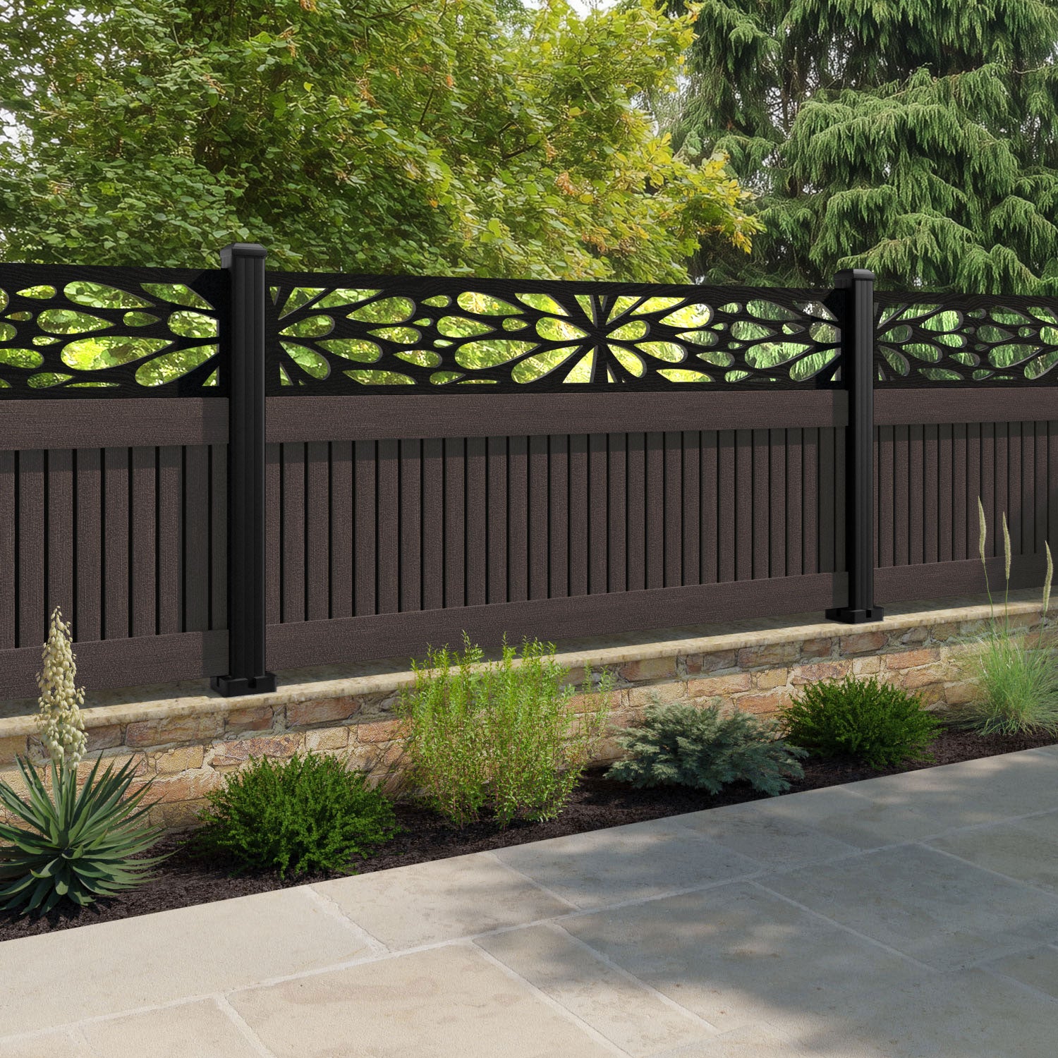 Virtis Blossom Fence Panel - Mid Brown - with our aluminium posts