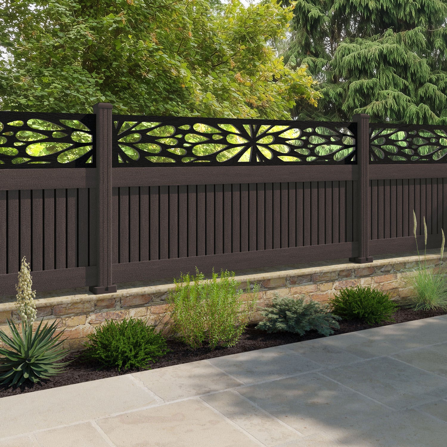Virtis Blossom Fence Panel - Mid Brown - with our composite posts
