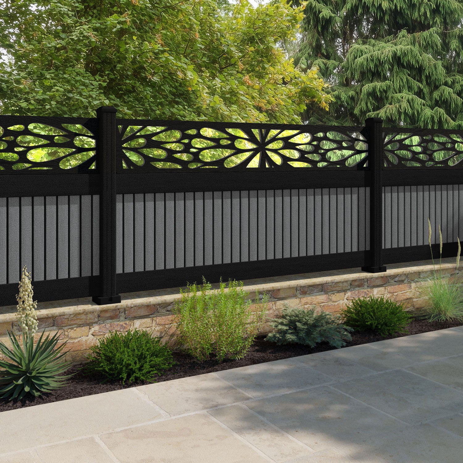 Virtis Blossom Fence Panel - Mid Grey - with our aluminium posts