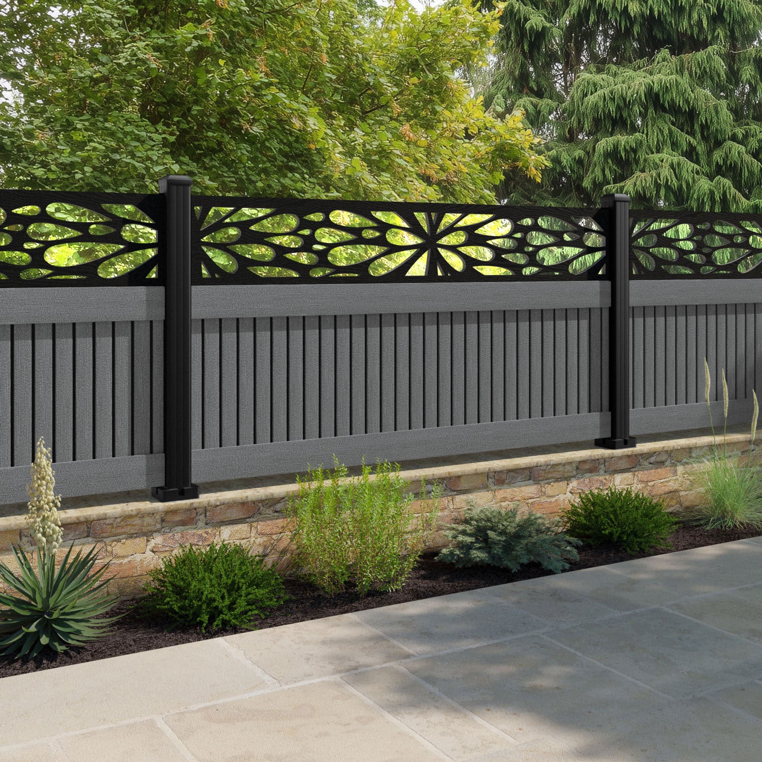 Virtis Blossom Fence Panel - Mid Grey - with our aluminium posts