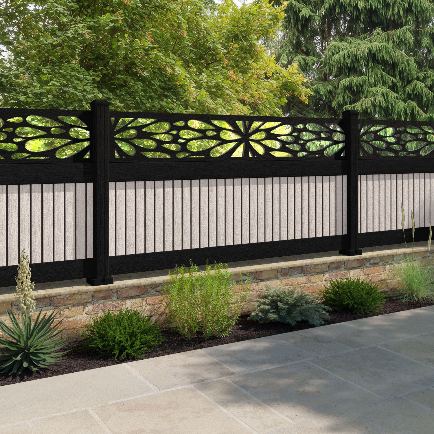 Virtis Blossom Fence Panel - Mid Stone - with our composite posts