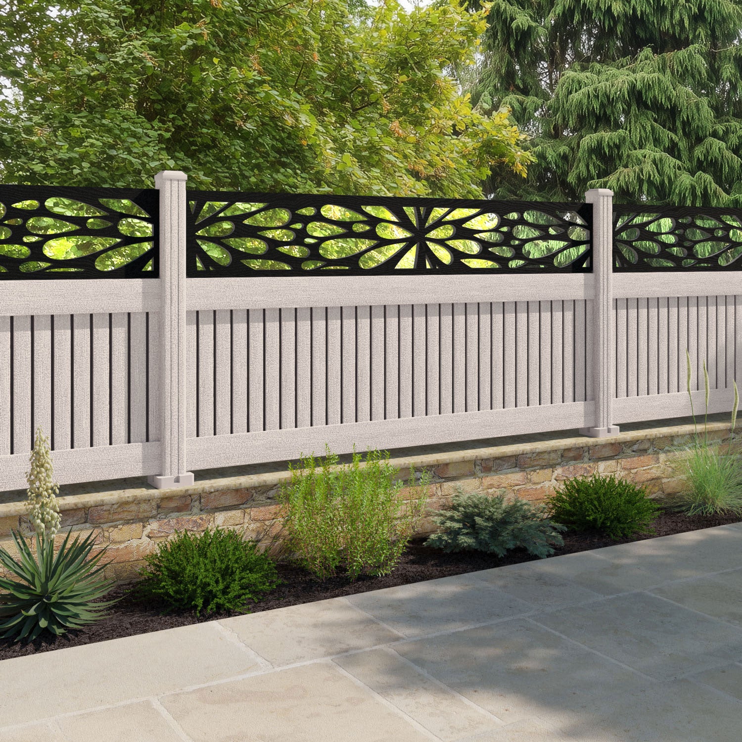 Virtis Blossom Fence Panel - Mid Stone - with our composite posts