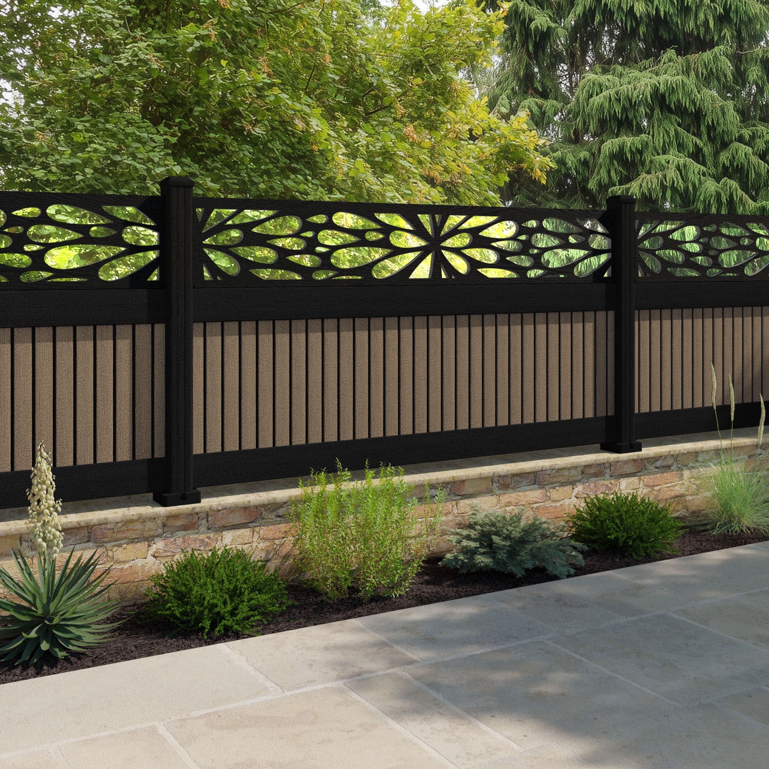Virtis Blossom Fence Panel - Teak - with our aluminium posts
