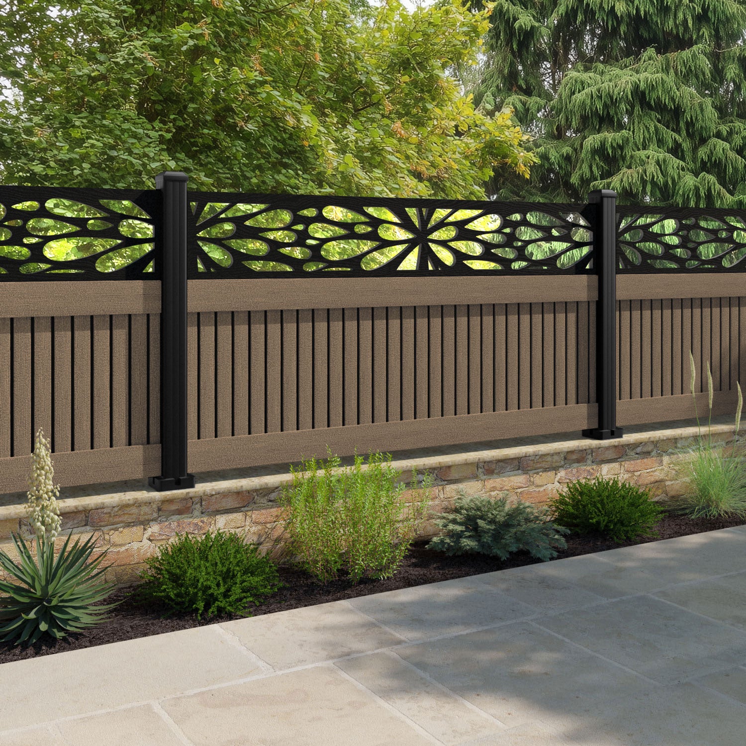 Virtis Blossom Fence Panel - Teak - with our aluminium posts