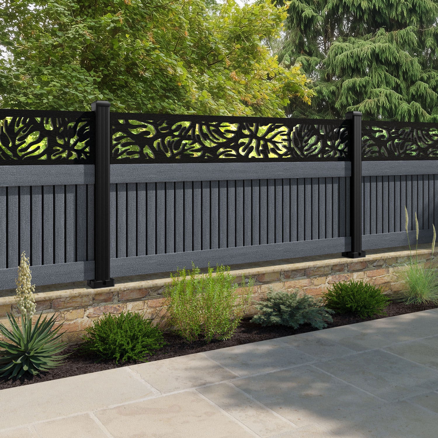 Virtis Botanic Fence Panel - Anthracite - with our aluminium posts