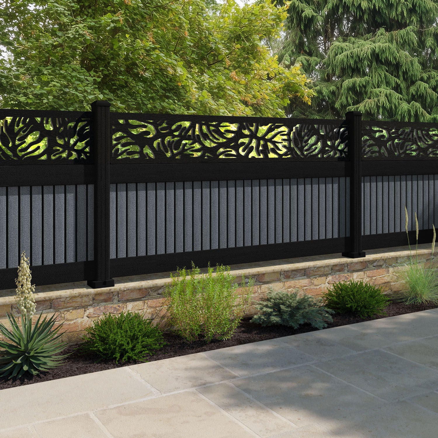 Virtis Botanic Fence Panel - Anthracite - with our aluminium posts