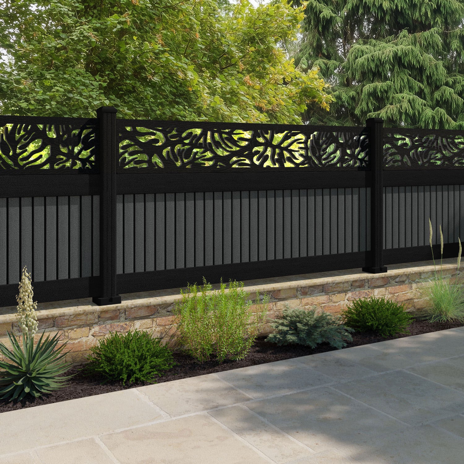 Virtis Botanic Fence Panel - Dark Grey - with our aluminium posts