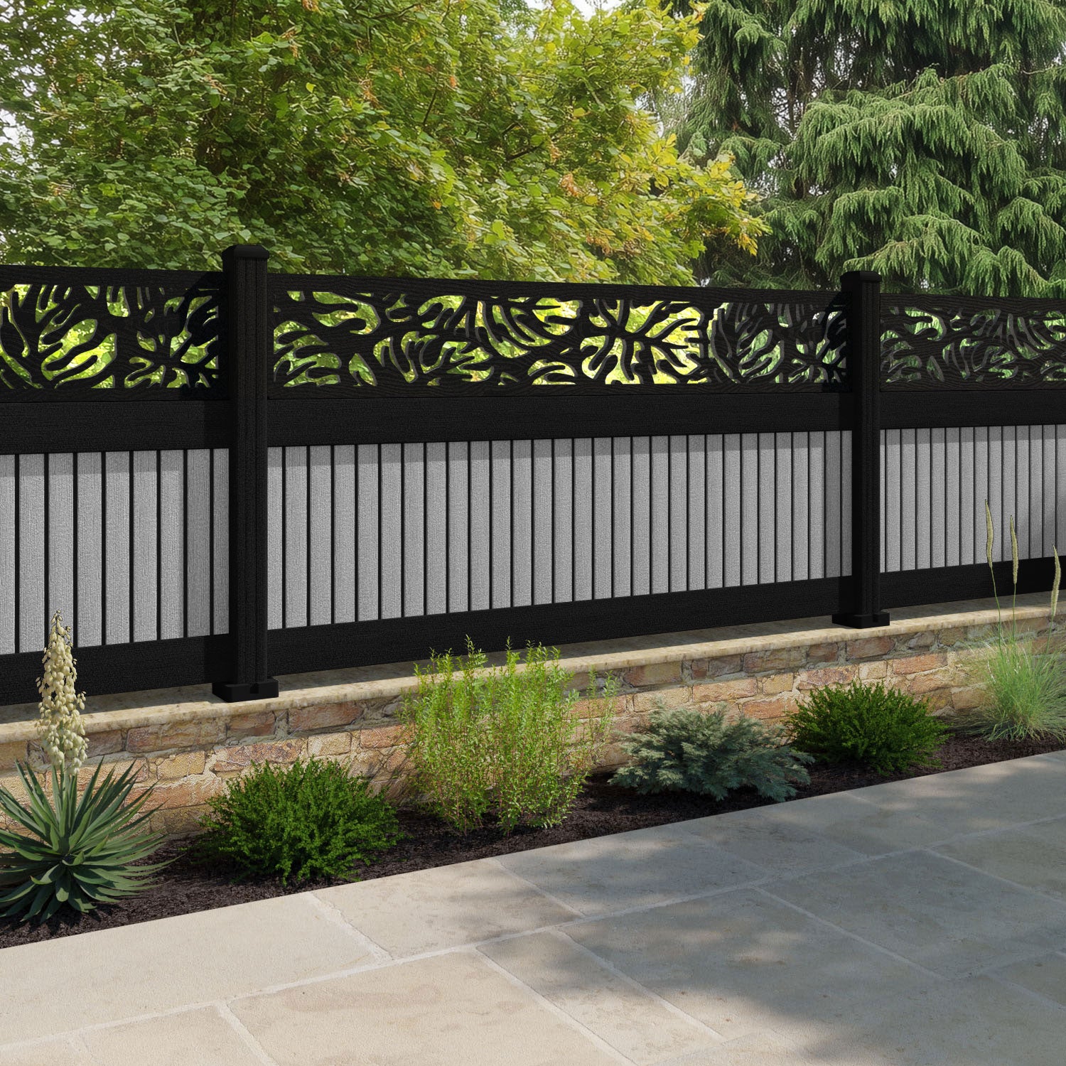 Virtis Botanic Fence Panel - Light Grey - with our aluminium posts