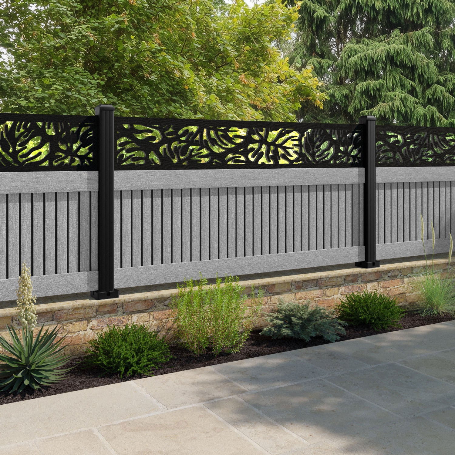 Virtis Botanic Fence Panel - Light Grey - with our aluminium posts