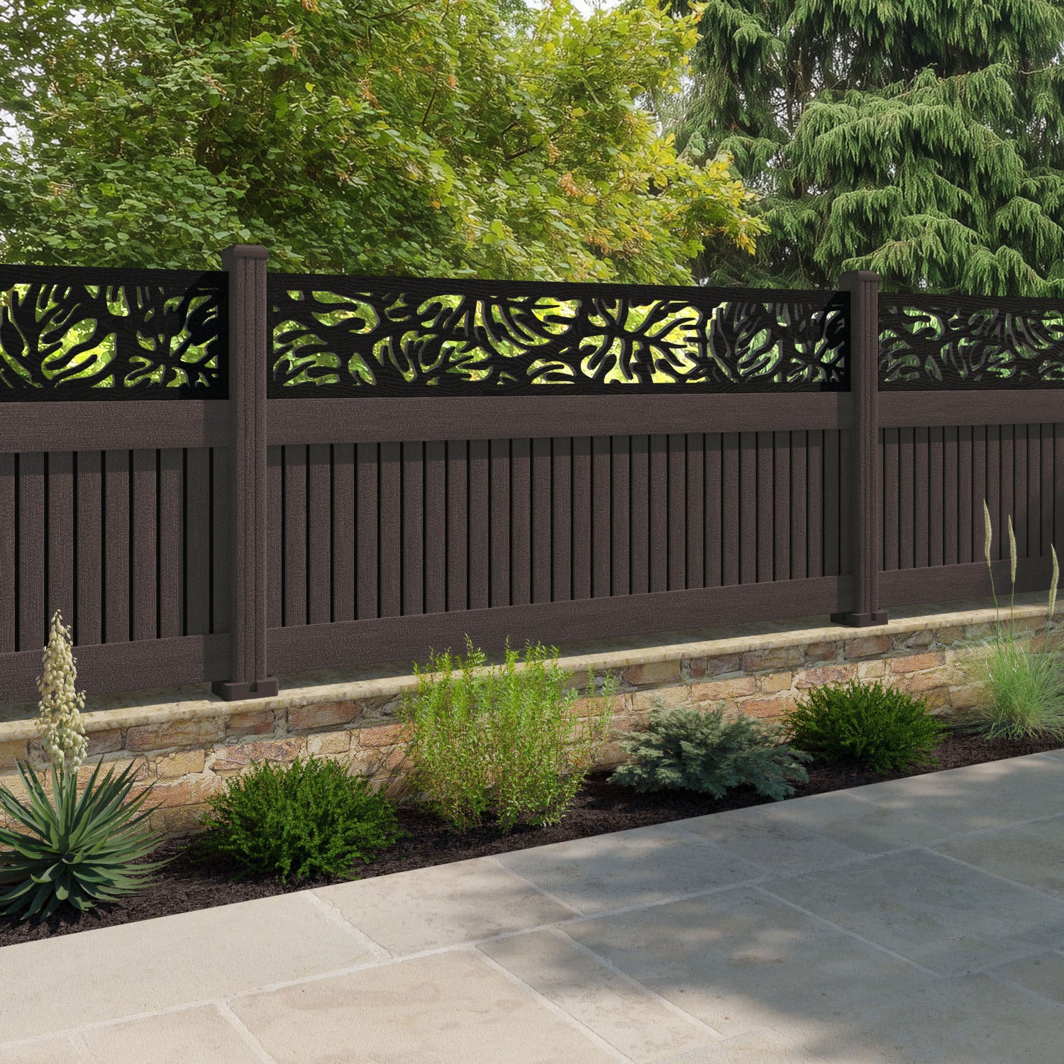 Virtis Botanic Fence Panel - Mid Brown - with our composite posts