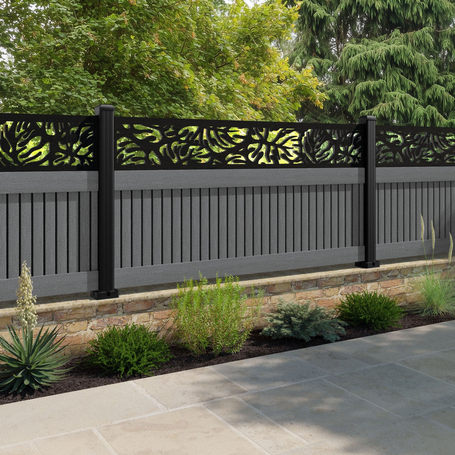 Virtis Botanic Fence Panel - Mid Grey - with our composite posts