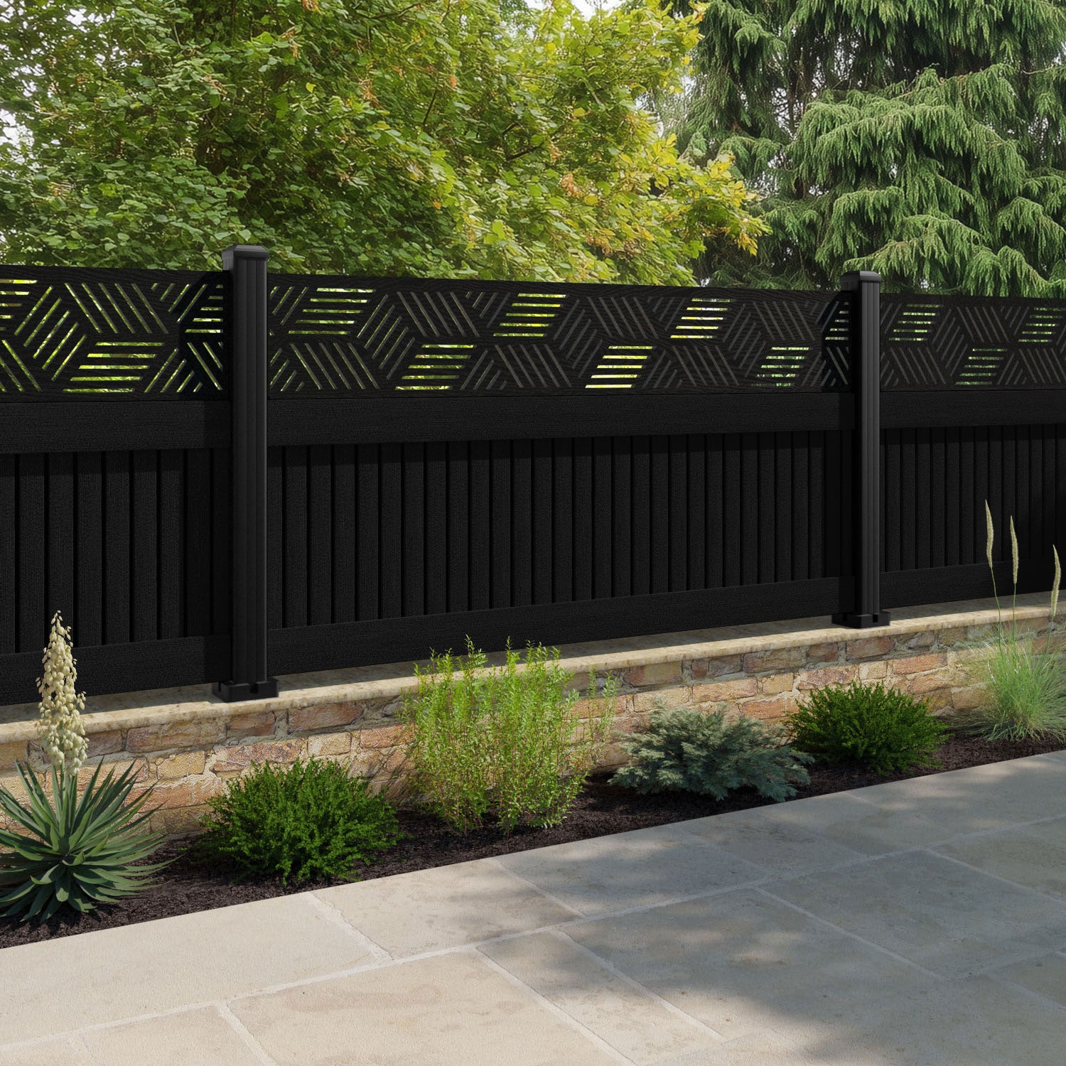 Virtis Cubed Fence Panel - Black - with our aluminium posts