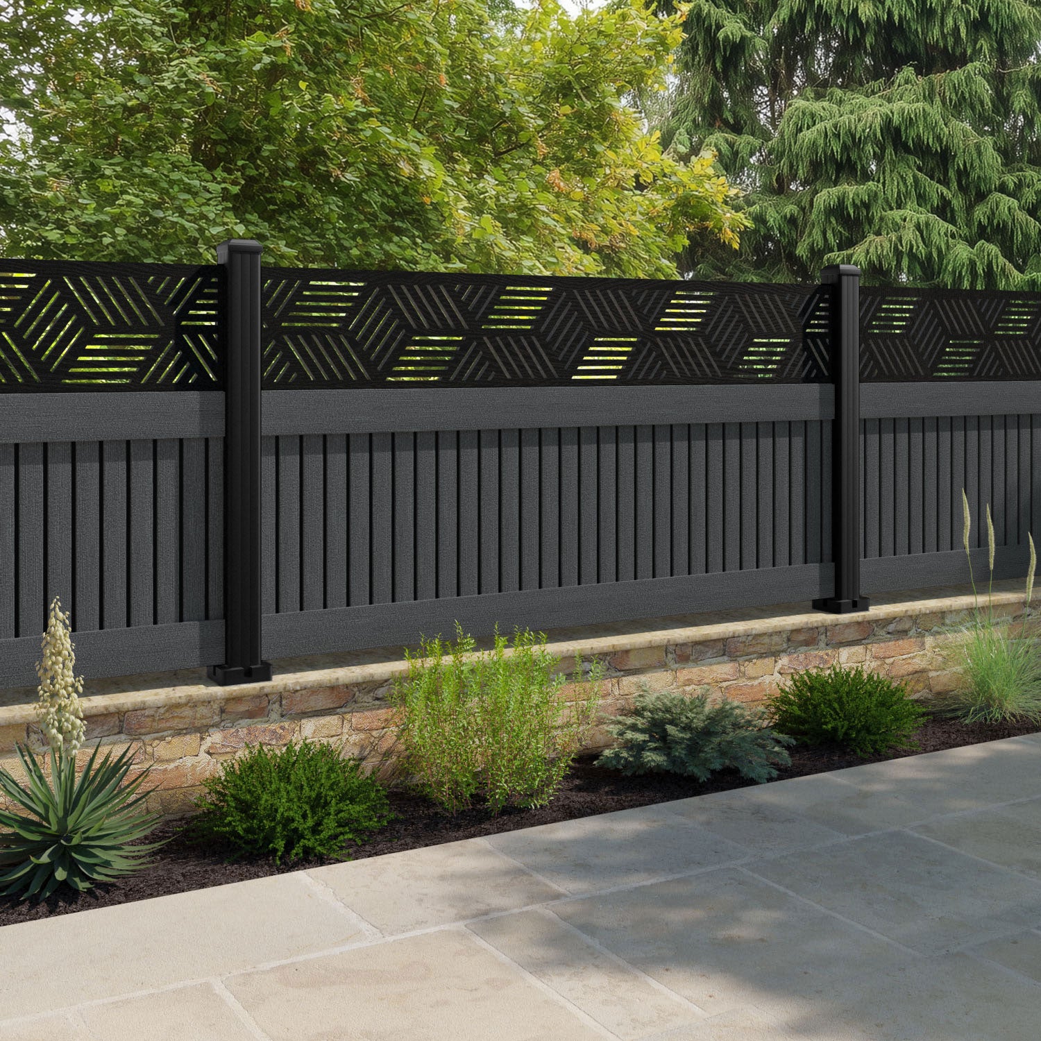 Virtis Cubed Fence Panel - Dark Grey - with our aluminium posts