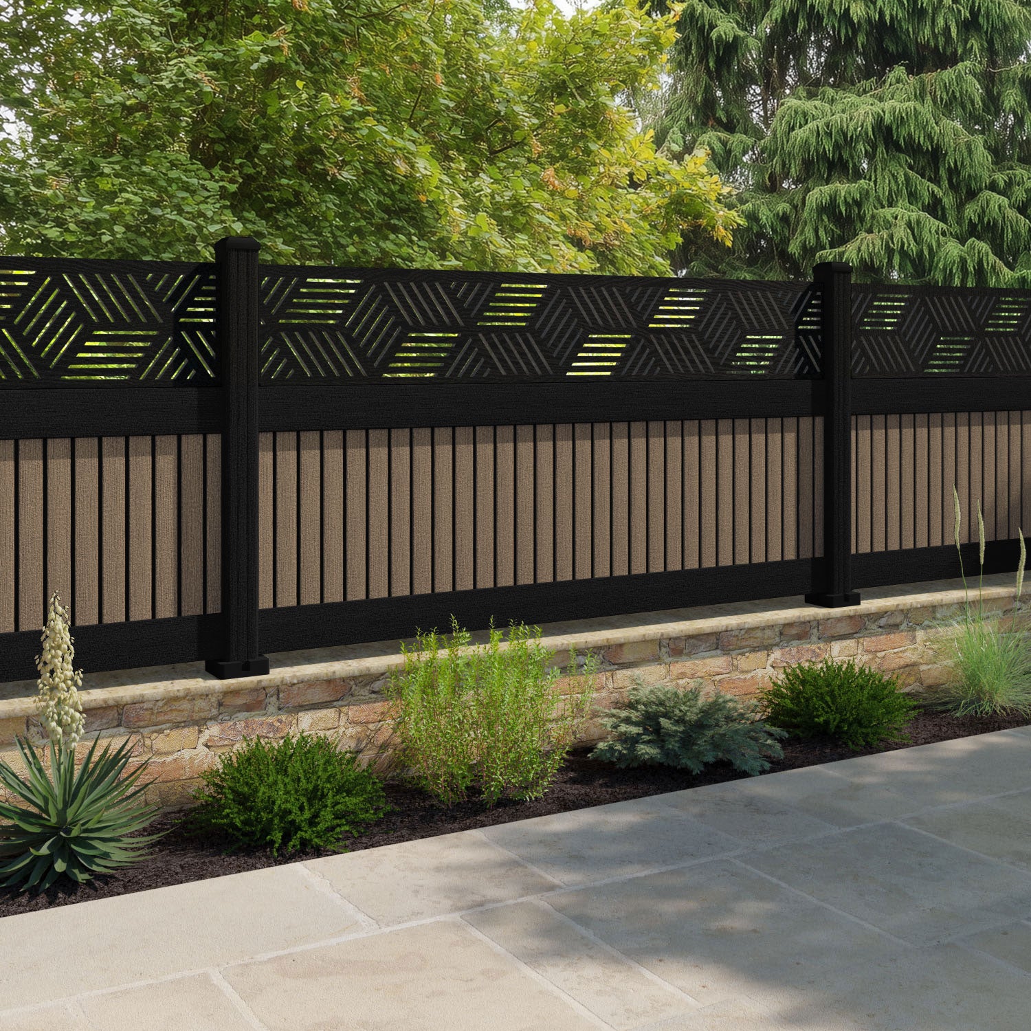 Virtis Cubed Fence Panel - Teak - with our aluminium posts