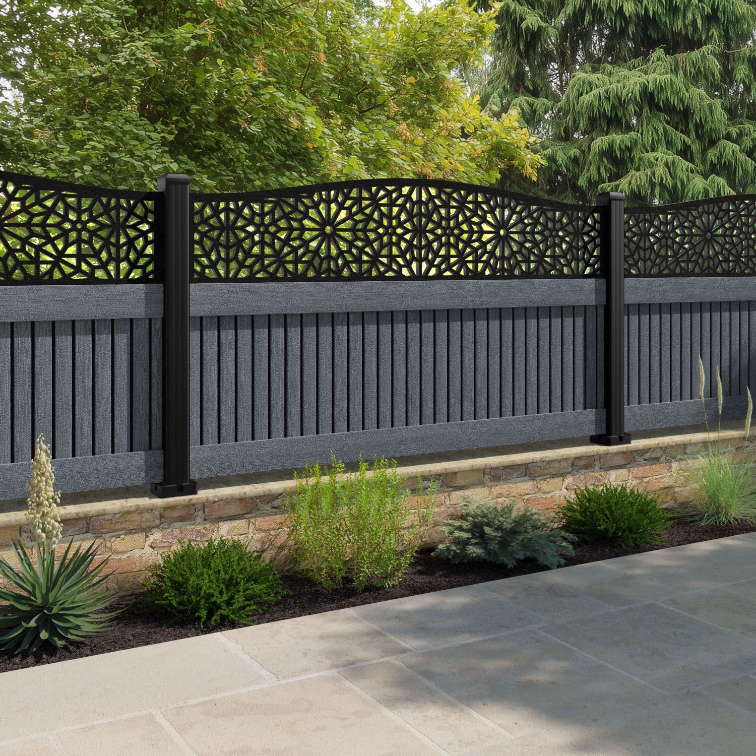 Virtis Alnara Curved Top Fence Panel - Anthracite - with our composite posts