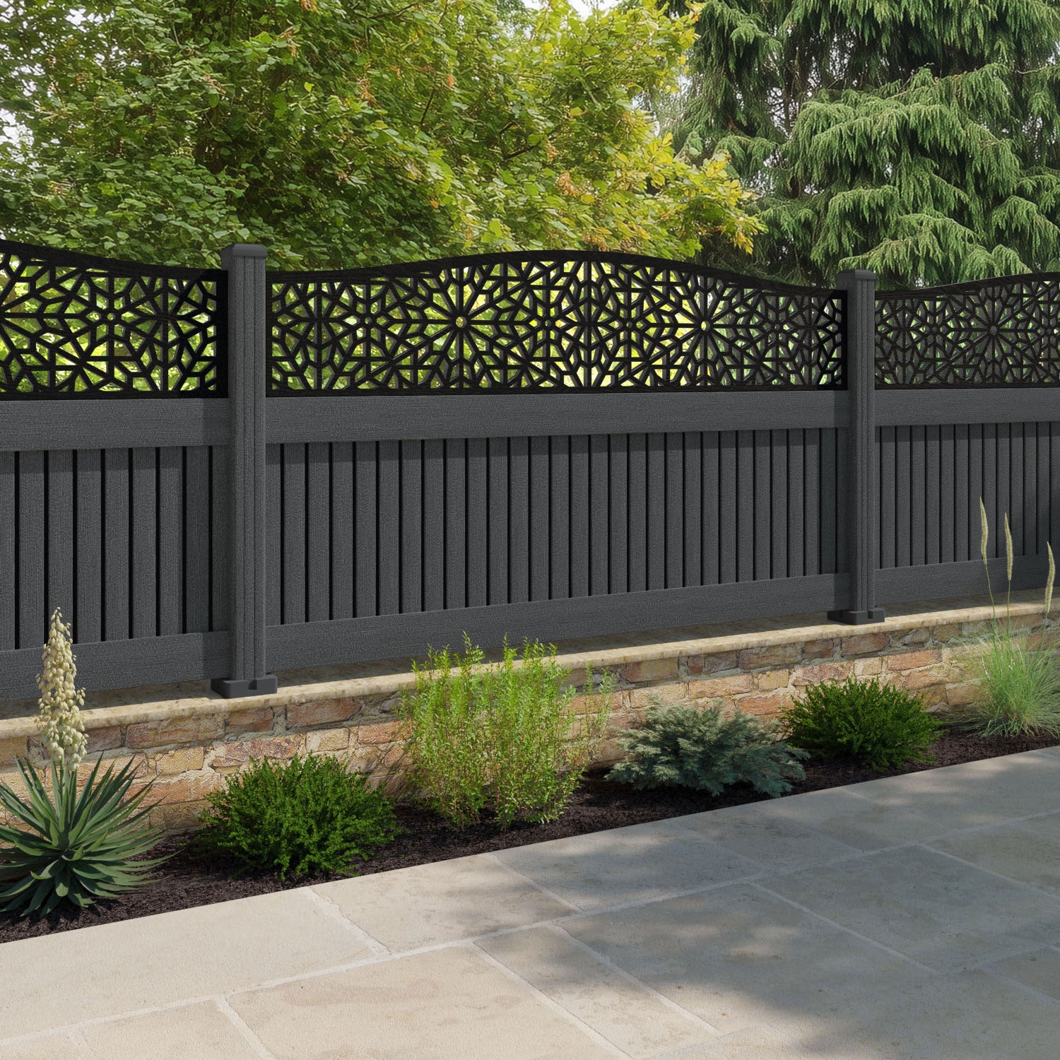 Virtis Alnara Curved Top Fence Panel - Dark Grey - with our composite posts