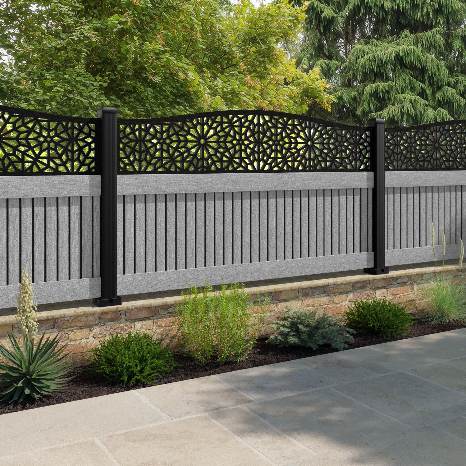 Virtis Alnara Curved Top Fence Panel - Light Grey - with our aluminium posts