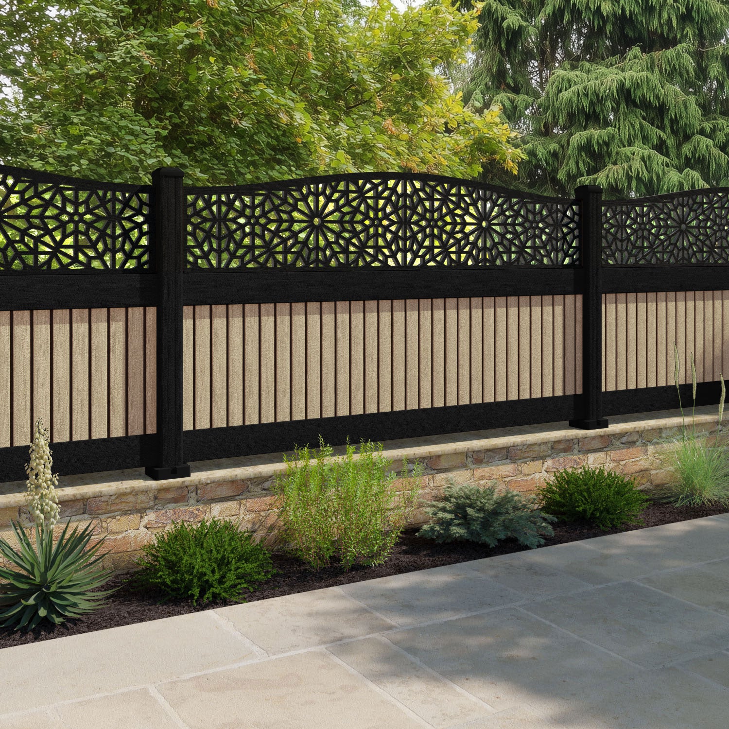 Virtis Alnara Curved Top Fence Panel - Light Oak - with our composite posts