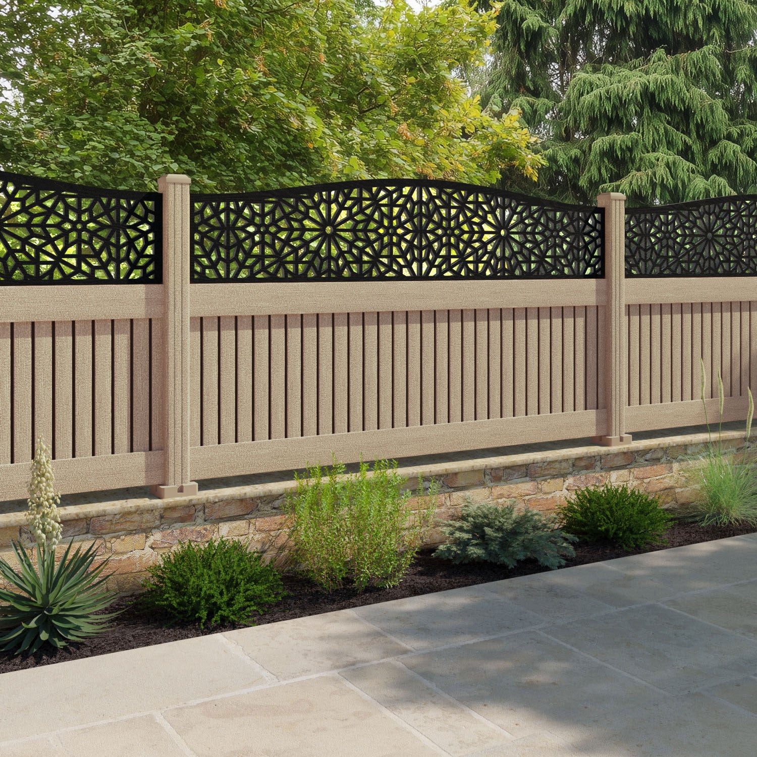 Virtis Alnara Curved Top Fence Panel - Light Oak - with our composite posts
