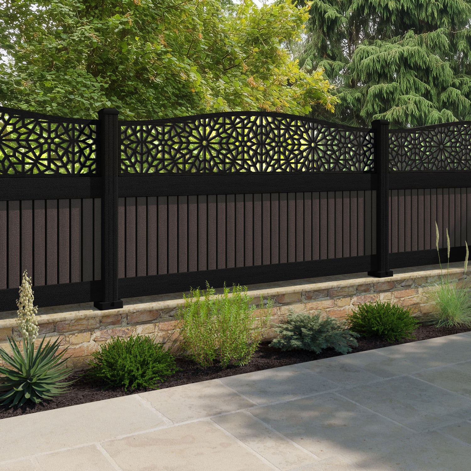 Virtis Alnara Curved Top Fence Panel - Mid Brown - with our aluminium posts